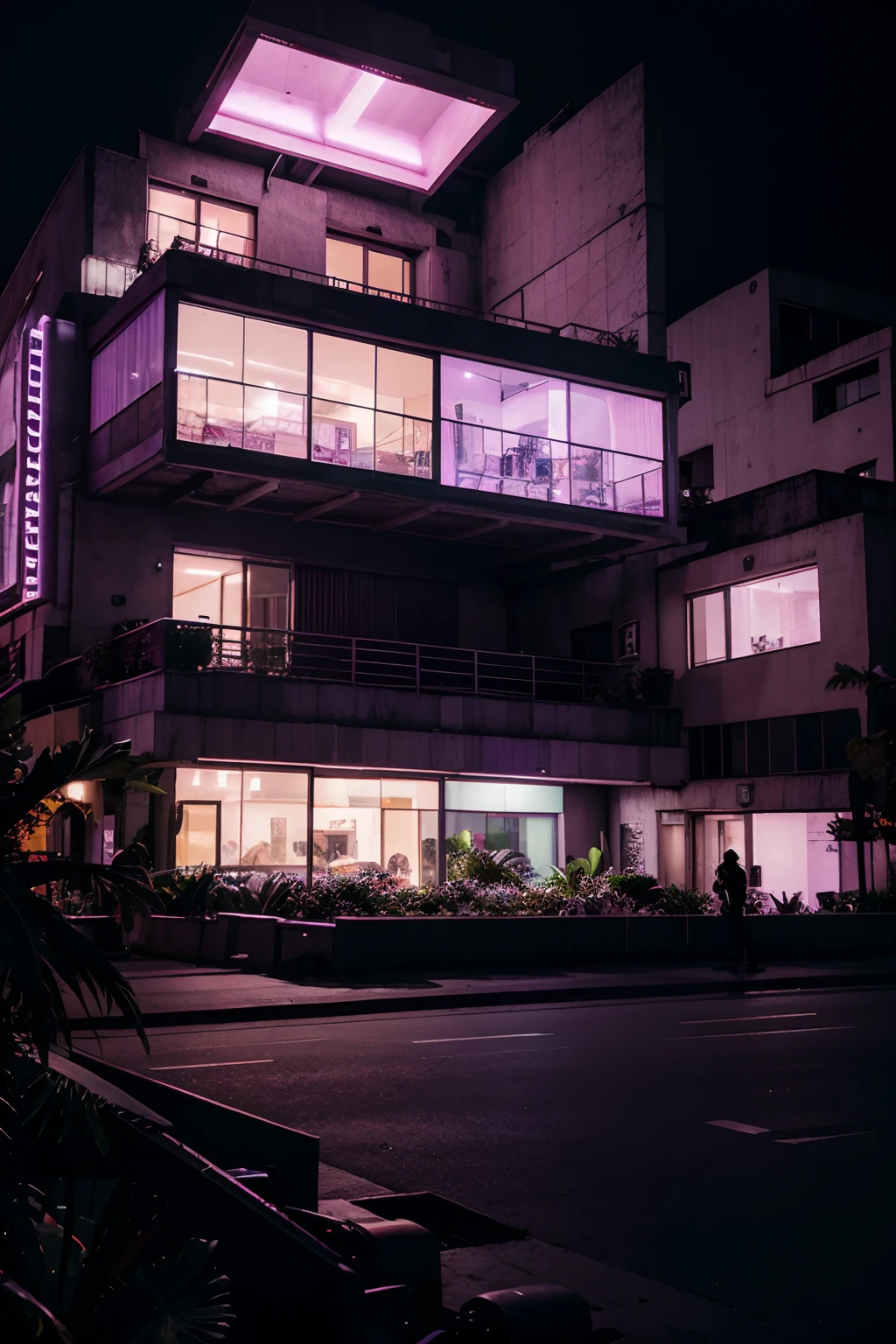tropical brutalist architecture, cyberpunk architecture, concert house, show venue, Swiss cheese plant, purple lights