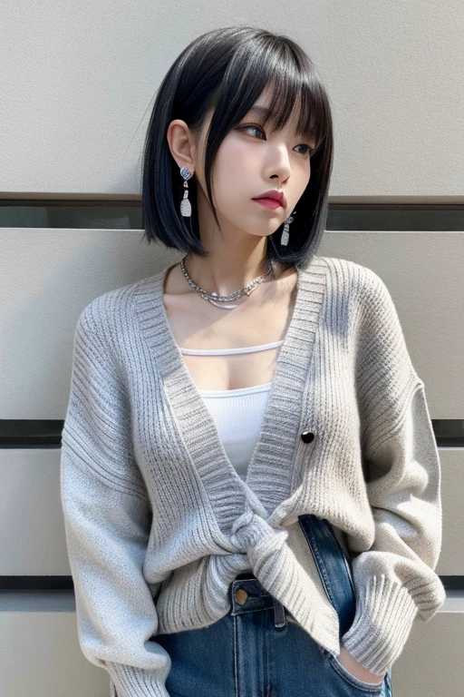 japanes　brawn hair　thin bunches of bangs　fullllbody　Sweat knitwear　piercings　a necklace　Gray walls　high-level image quality　鎖骨