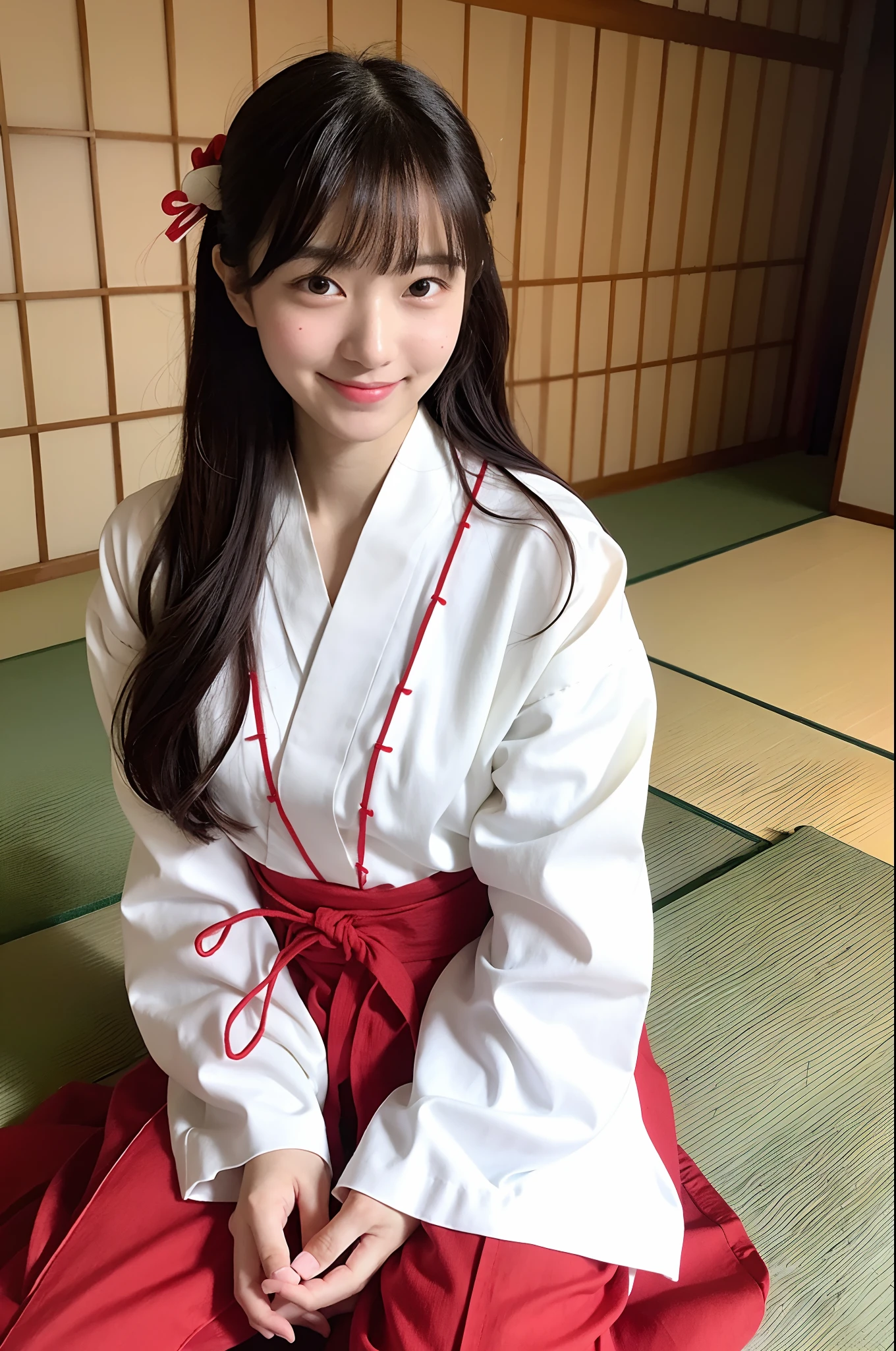 girl sitting in old-Japanese room,long sleeved sheer white hakama top and red hakama bottom,hair red string bow,18-year-old,bangs,a little smiles,knees,from below