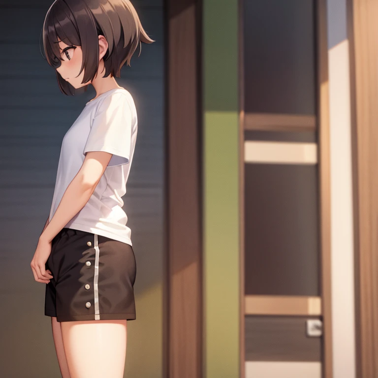 Oversized t-shirt, shorts, stand, shy, short hair, sweeting