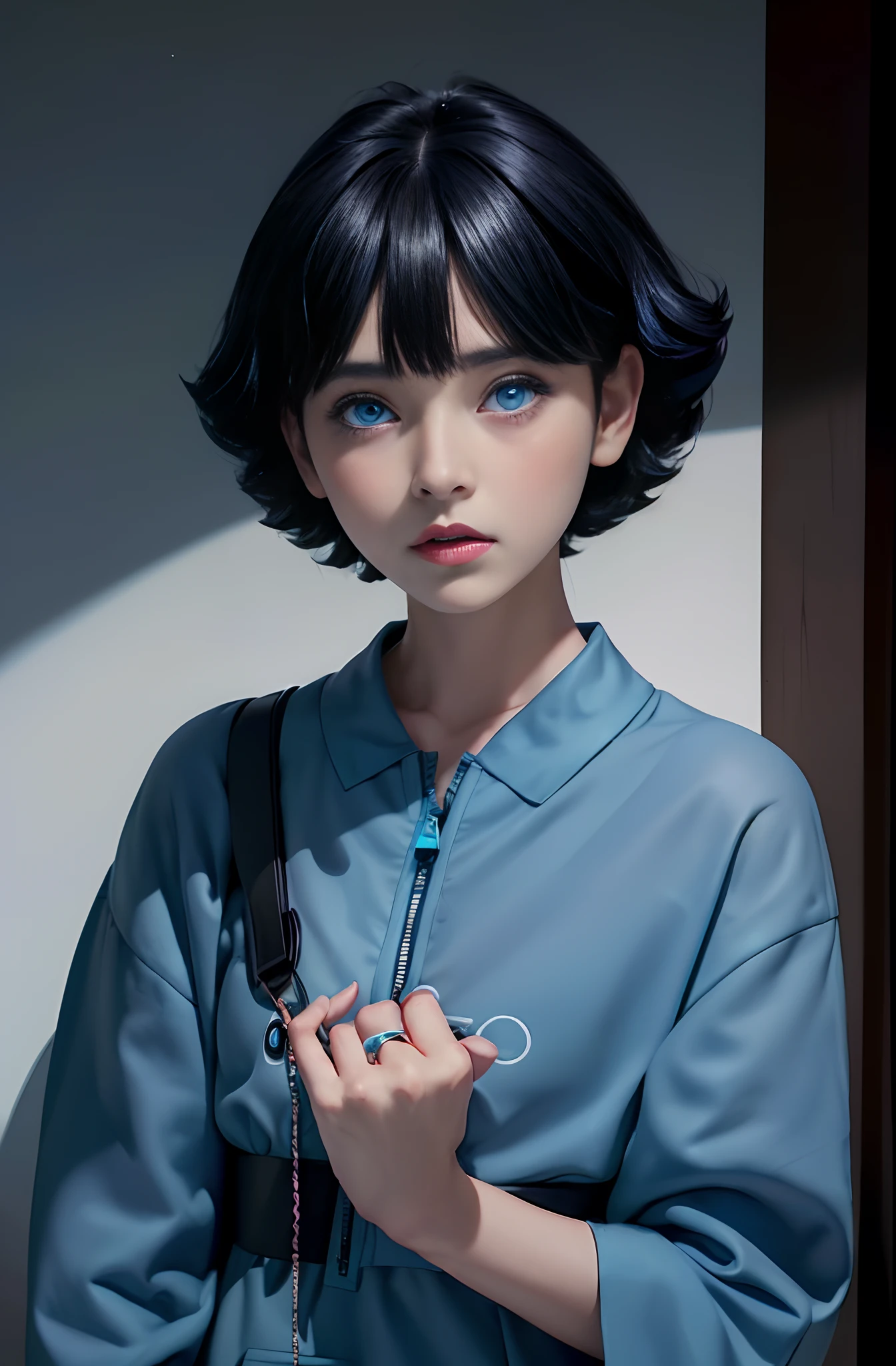 cartoon of a woman with long black hair and a pink shirt, she has a distant expression, semi realistic anime, in an anime style, semirealistic anime style, she has black hair, in anime style, (blue eyes:1.3), blunt bangs ,Uzumaki Himawari ,realistic ultra high qualiti detail images HD photos