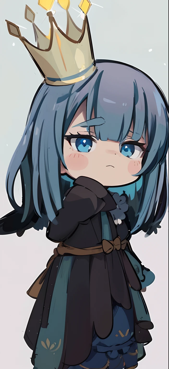 A chibi queen,beautiful crowns,sparkling jewels on the crown,shimmering golden hair,fair and flawless skin,delicate and rosy cheeks,glowing blue eyes,wearing an elegant and flowing gown,standing tall and regal,holding a magical scepter, surrounded by a royal court,illuminated by warm golden lights,soft and dreamy atmosphere, vibrant and rich colors,artistic painting style,high resolution and ultra-detailed,masterpiece-quality, with a touch of anime.