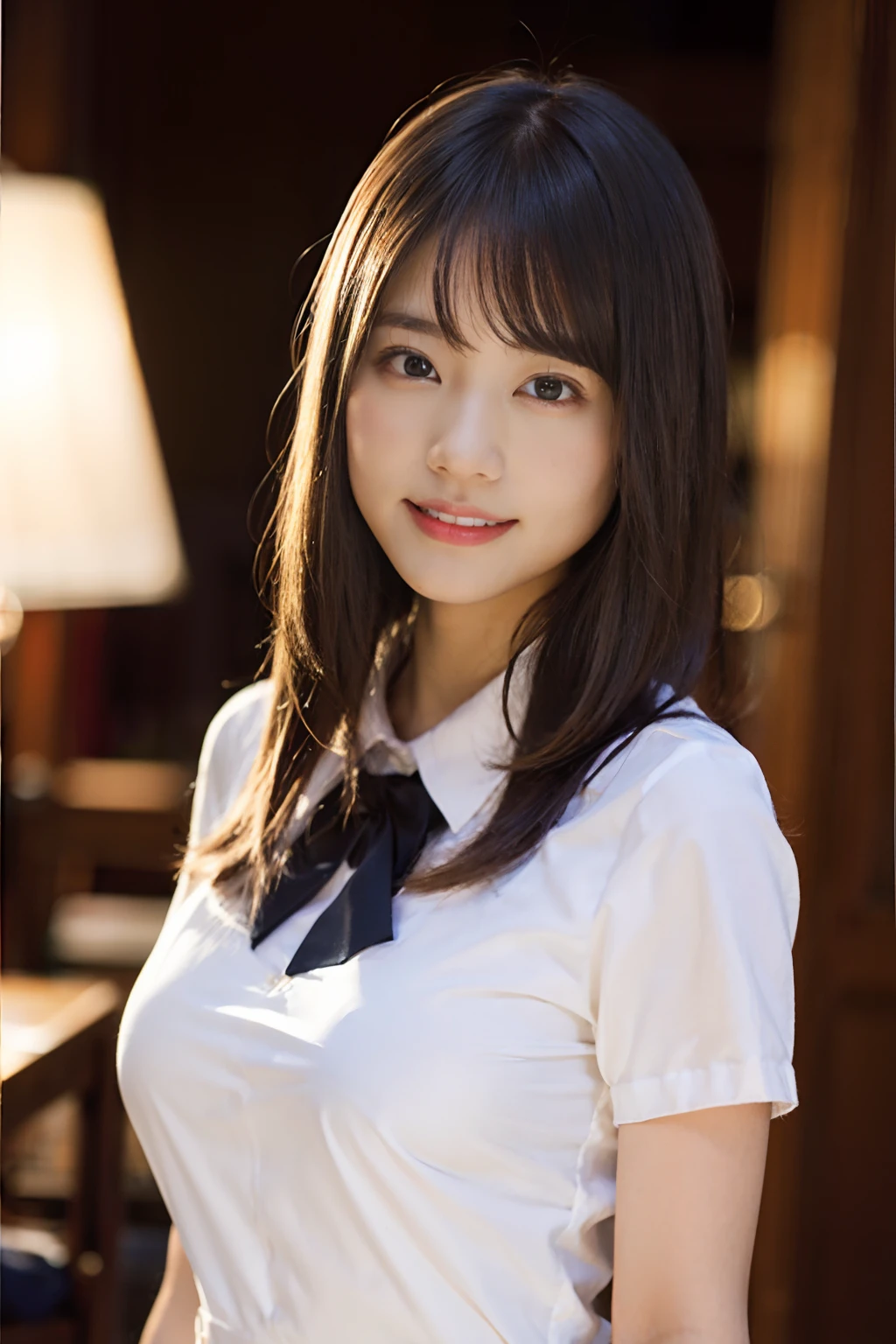 (8K、Raw photography、top-quality、masterpiece:1.2)、(realisitic、Photorealsitic:1.37)、ultra-detailliert、超A high resolution、女の子1人、see the beholder、beautifull detailed face、A smile、Constriction、(Slim waist) :1.3)、Beautiful detailed skin、Skin Texture、Floating hair、Professional Lighting、Whole human body、Longhaire、a blond、Hotel、Bob Hair、Happy smile、School Uniforms、de pele branca、E Cup Breast、school classrooms、、white thighhig、E Cup Breast、Colossal tits