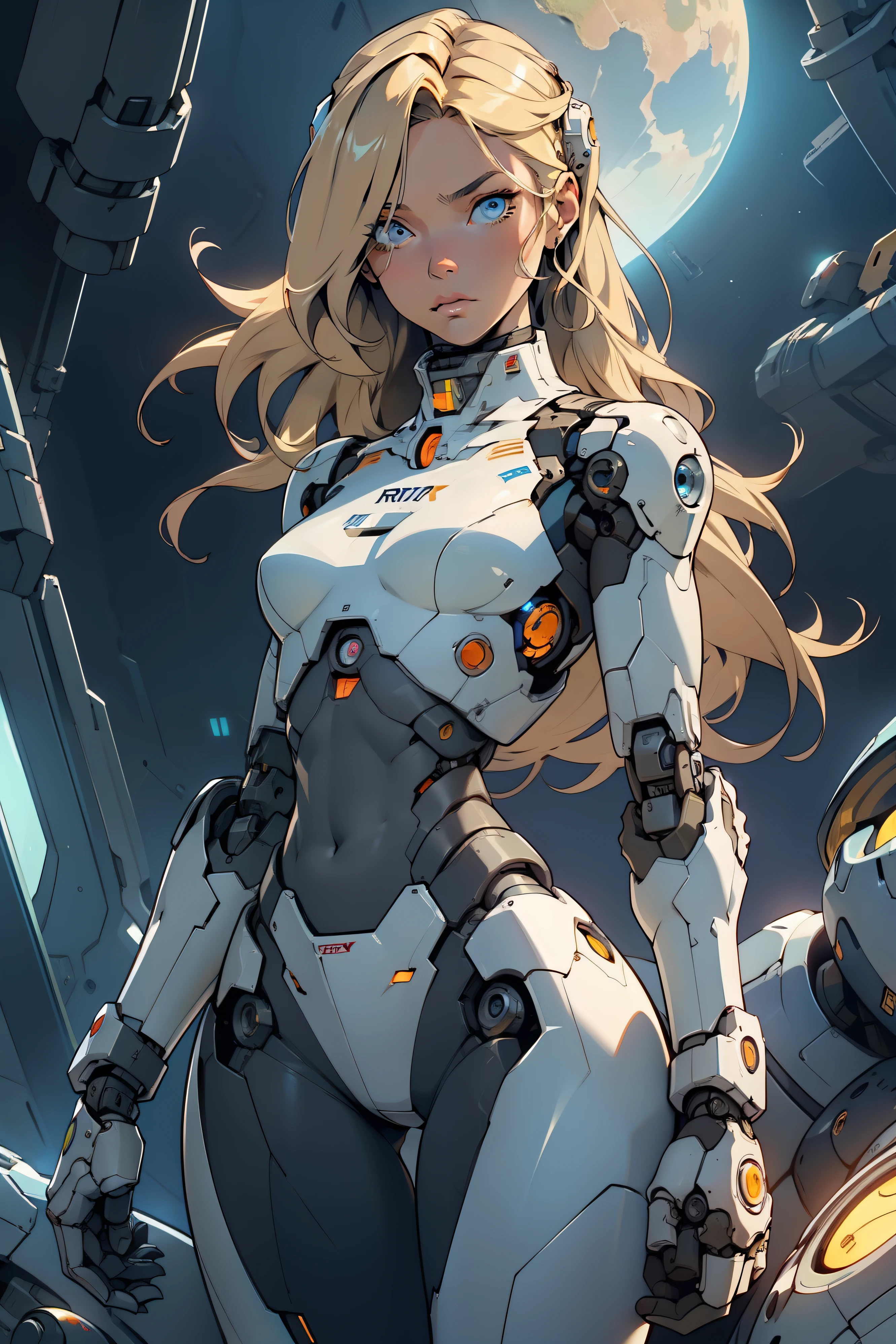 high quality, 4k, masterpiece, beautiful, cyborg girl, cowboy shot, dull eyes, looking at viewer, long blonde hair, girl, small breasts, fit thigh, robotic arms, robotic body, cyborg body, intricate detail, joint, detailed lines, robotic detail, holding fist up, holding hand up as fist, color robotic parts, robotic parts with color, perfect fingers, on a strange planet, sunny