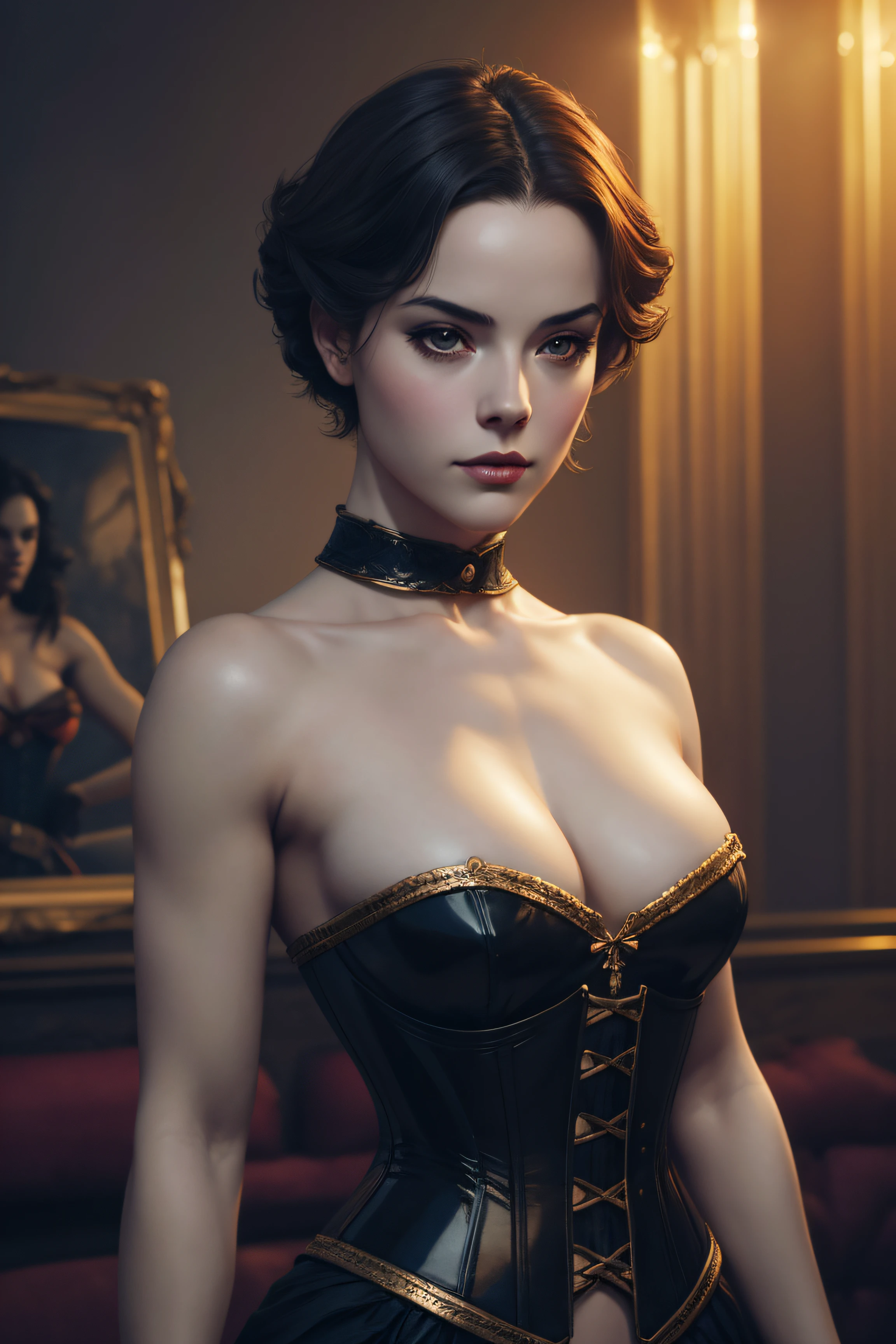 Jennie Jacques, wearingelegant nude corset sexy clothes, character portrait, 4 9 9 0 s, short hair, intricate, elegant, highly detailed, digital painting, artstation, concept art, smooth, sharp focus, illustration, art by wlop, charlie bowater and alexandra fomina