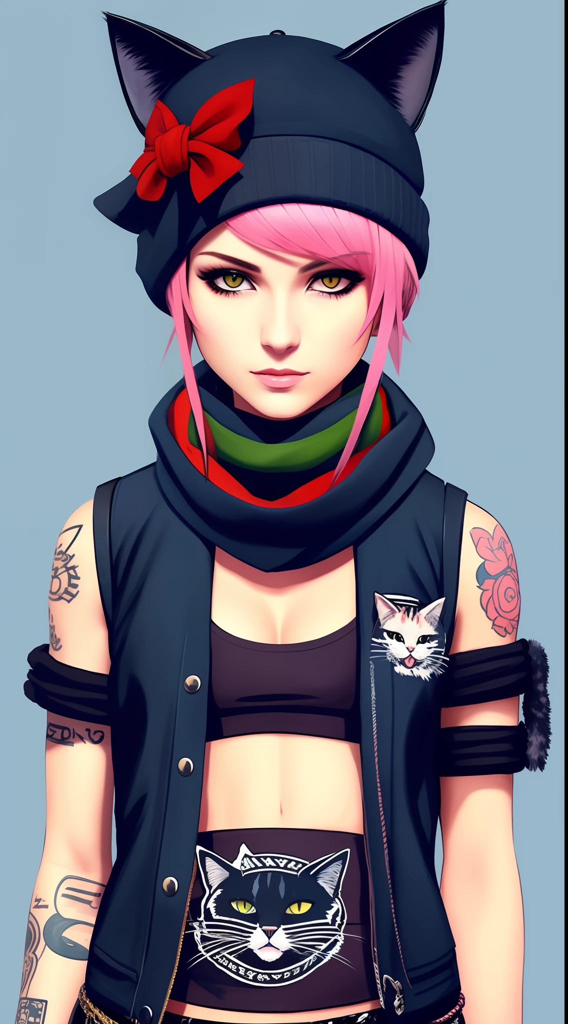Painting of a cat in a hat and scarf, Trendy ArtStation, Punk attire, Detailed, ultra-realistic rendering, British gang members, Street style, intimidating pose, planet of cats, Trendy clothes, Urban Samurai, Meow, West Slavic features, 8 1 5