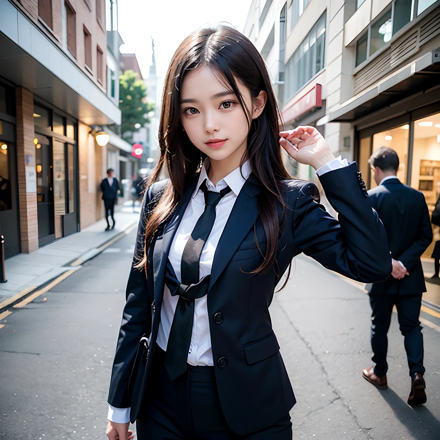 (masutepiece, Best Quality:1.2), 8K, Official art, Full body photo, full body Esbian、Emma fastening her tie.trouser、Cute smile、cute butt、Keep your bag cold、A dark-haired、14years、small tits、A delightful、A smile、unbelievable Ridiculous, (Upper body, Dark blue suit:Cute Tie 1.4), Beautiful Girl, Pretty Face, arching back down, cute butt、Gold hair ornament on hair、Wearing a cute suit、Decide on a pose、raise two hands、close up, Wearing a suit, Short sleeve, gardenia, violaceaess, Teen, Street, Looking at Viewer, Film grain, chromatic abberation, Sharp Focus, face lights, Dynamic lighting, Cinematic lighting, Eyes and faces with detailed, Bokeh background, (Tie with Emma written on it、1 copy:1.2)