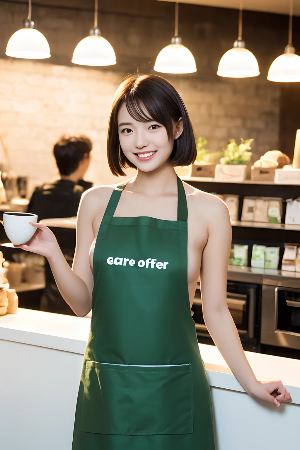 (realisitic、Photorealsitic、ultra-detailliert、Highest Details Skins、top-quality、masterpiece、超A high resolution)、Very cute Japan woman、18year old、Gradient lighting、1 girl in、pureerosface、(((NAKED Apron、Wearing only an apron、Green apron only、not any dressed)))、((Coffee shop clerk、Serving customers at the counter))、on the beds、A smile、Realistic skin type、Perfect Style、hposing Gravure Idol、short-cut、二重まぶた