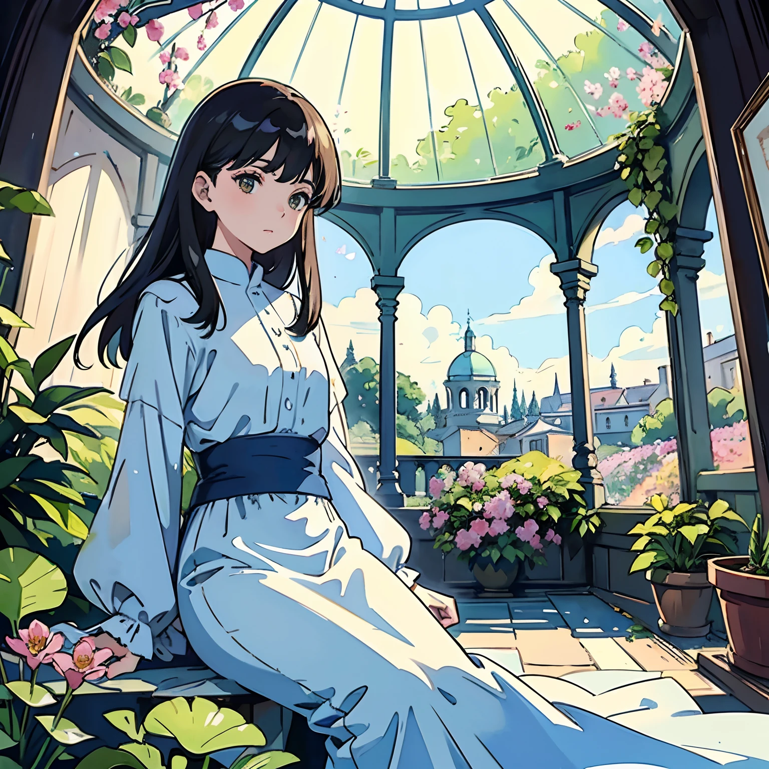 (Watercolor in Sargent style)、(top-quality、masterpiece)、Soft light、Indoor Botanical Garden、dome、lots of flower、High-density mass plant、The landscape in the background is a garden with petals and papas flying around, air bubbles, water bubbles