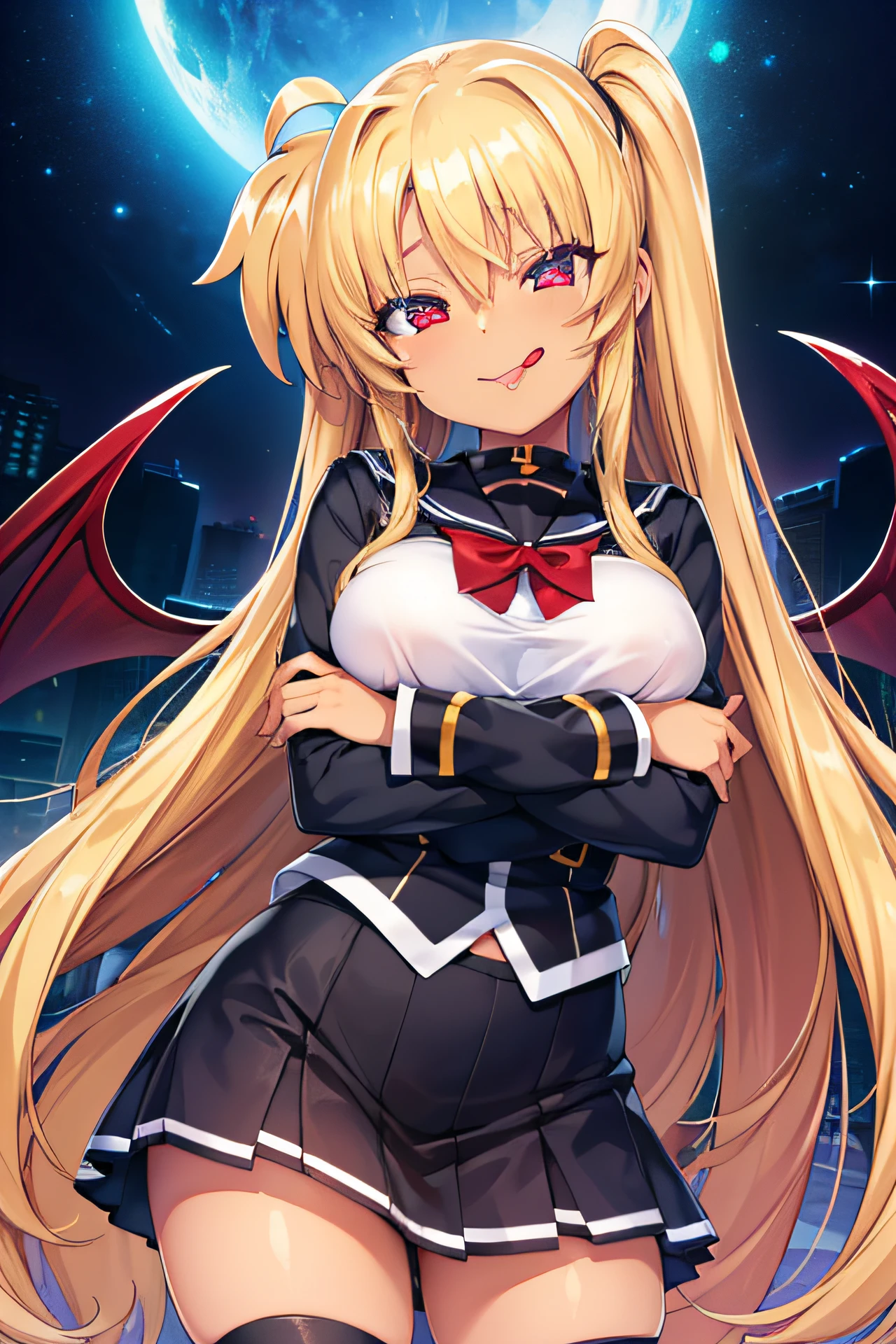 (mahou_shoujo_lyrical_nanoha:1.1), (Front Focus),(In the Dark:1.6), (Masterpiece, of the highest quality, best, Official art, Beautiful and aesthetic:1.2), game cg, Highly detailed and realistic CG, Colorful, Best Quality, jewel-like eyes, 1girl, child, loli, petite, 8 years old, solo, blonde hair, very long hair, straight hair, black sailor uniform, black mini skirt, layered skirts, glowing eyes, star-shaped pupils, smug, smirk, open mouth, black tights, skinny legs, jig eyes, large breasts, (white covered breast:1.5), ruby red eyes, contrapposto, crossed arms, slender, (black skin:1.0), (dark skin:1.5), little succubus wings, long succubus tail, from POV, cute ribbon, tongue,