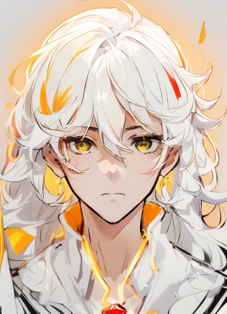 anime- a handsome mid- guy, 15 yaring a giant red gemstone pendant, wearing a simple white robe, ((full white hair)), curly and wavy hair, light brown indian skin tone, emotionless innocen, expressionless, (red-orange-yellow crystal eyes), (medium long hair, hair are floating), In the Style of Sam Yang, expressionless, super detail, high details, high, anime character potrait, quality, best quality, highres, 8k, 16k. stunning anime face portrait, detailed anime face, anime style portrait, detailed fanart, ((plain light grey background))