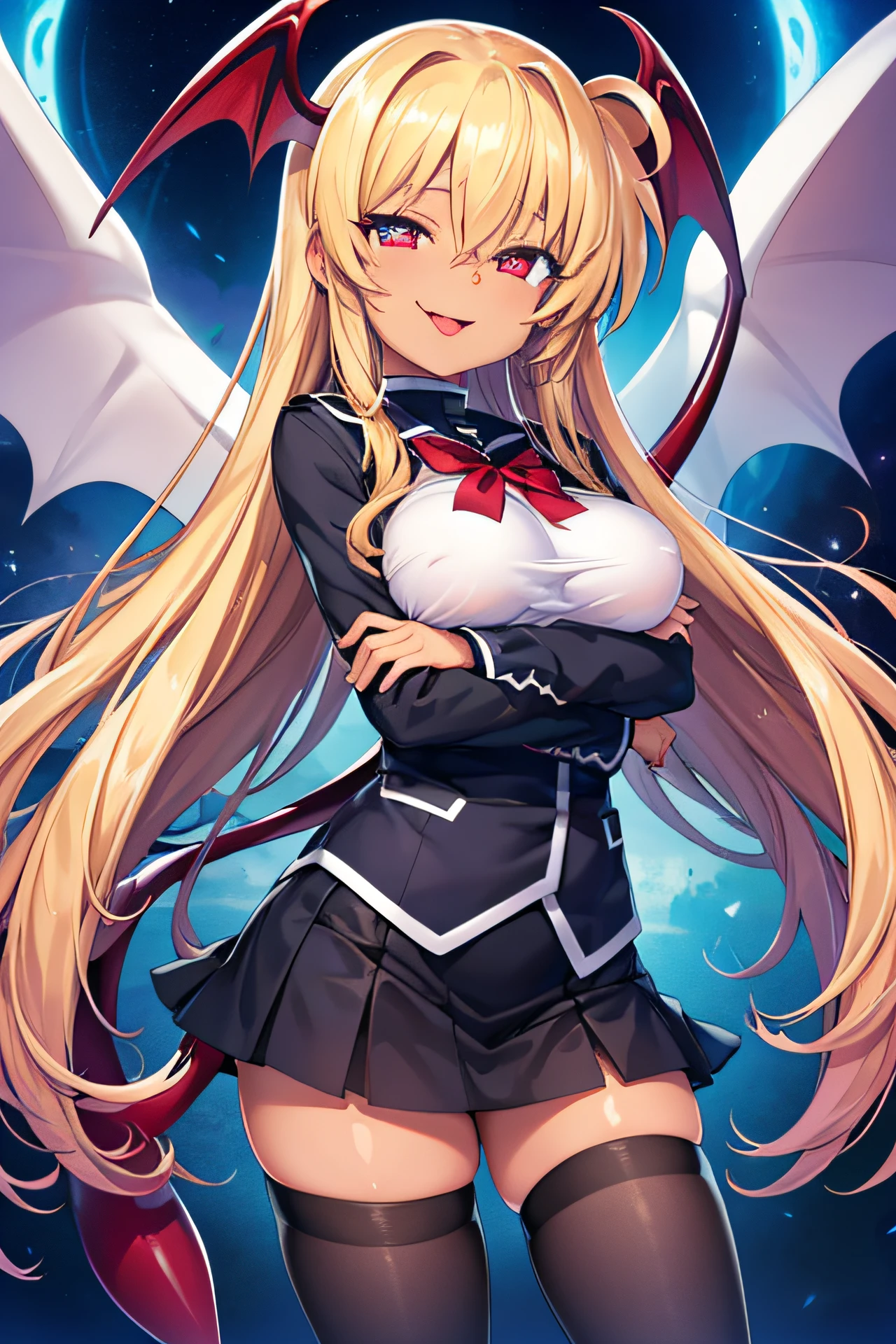 (mahou_shoujo_lyrical_nanoha:1.1), (Front Focus),(In the Dark:1.6), (Masterpiece, of the highest quality, best, Official art, Beautiful and aesthetic:1.2), game cg, Highly detailed and realistic CG, Colorful, Best Quality, jewel-like eyes, 1girl, child, loli, petite, 8 years old, solo, blonde hair, very long hair, straight hair, black sailor uniform, black mini skirt, layered skirts, glowing eyes, star-shaped pupils, smug, smirk, open mouth, black tights, skinny legs, jig eyes, large breasts, (white covered breast:1.5), ruby red eyes, contrapposto, crossed arms, slender, (black skin:1.0), (dark skin:1.5), little succubus wings, long succubus tail, from POV, cute ribbon, tongue,