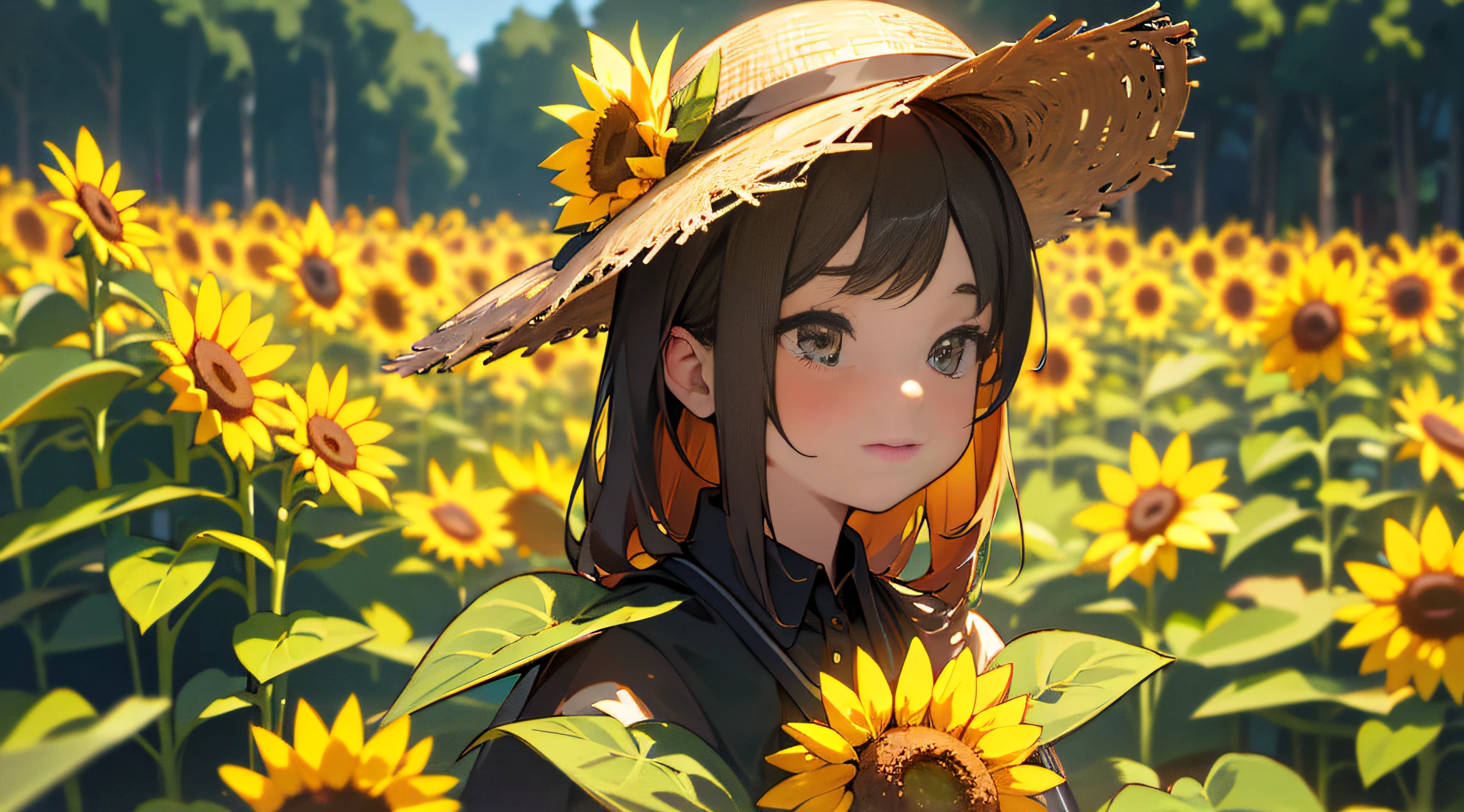 Among the sunflower bushes,cute female ,with a hat on,beautiful weather,(best quality,4k,highres,masterpiece:1.2),vivid colors,ultra-detailed,sharp focus,professional,landscape,portrait,bokeh,studio lighting,physically-based rendering
