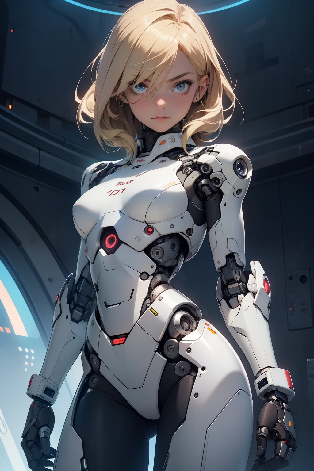 high quality, 4k, masterpiece, beautiful, cyborg girl, cowboy shot, dull eyes, looking at viewer, long blonde hair, girl, small breasts, fit thigh, robotic arms, robotic body, cyborg body, intricate detail, joint, detailed lines, robotic detail, holding fist up, holding hand up as fist, color robotic parts, robotic parts with color, perfect fingers, on a strange planet, sunny