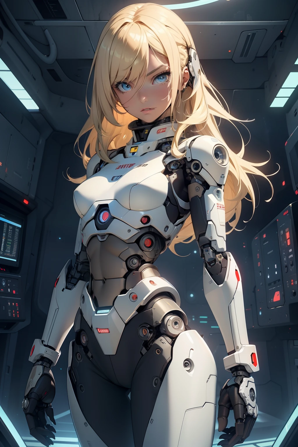 high quality, 4k, masterpiece, beautiful, cyborg girl, cowboy shot, dull eyes, looking at viewer, long blonde hair, girl, small breasts, fit thigh, robotic arms, robotic body, cyborg body, intricate detail, joint, detailed lines, robotic detail, holding fist up, holding hand up as fist, color robotic parts, robotic parts with color, perfect fingers, on a strange planet, sunny