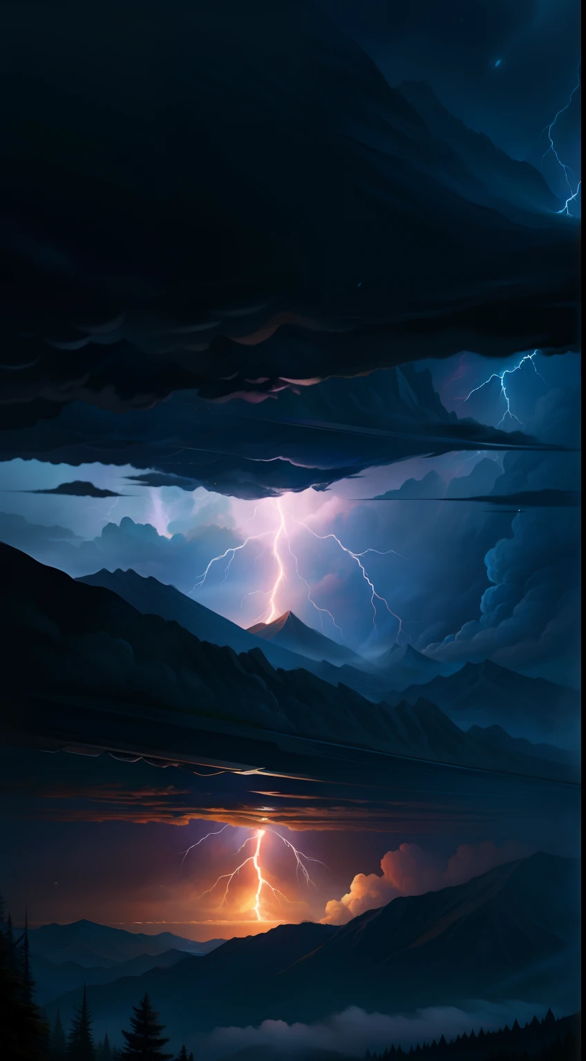 (A high resolution,Realistic:1.2), Tranquil atmosphere, majestic mountain peaks, Strong storms, Dramatic lightning, mystical aura,Countless bolts of lightning slashed towards the man's silhouette, Thunderclouds surrounded him, Amazing show of power.