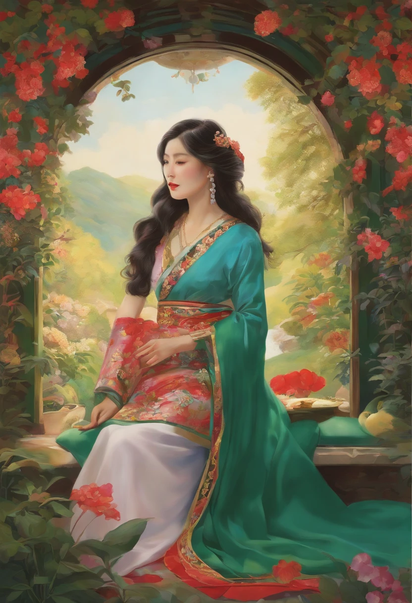 A painting of a woman in a green and red dress sitting on a bench ...