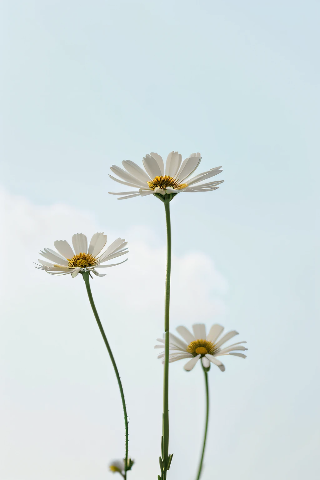 there are three white daisies, minimalistic composition, minimalistic aesthetics, surrounded flower, flowers blooming, chamomile, simple but effective composition, white flowers, flowers grow from the body, amazing simple composition, tall flowers, minimalistic art, blooming flowers, clear blue skies, daysies, cosmos, white flower