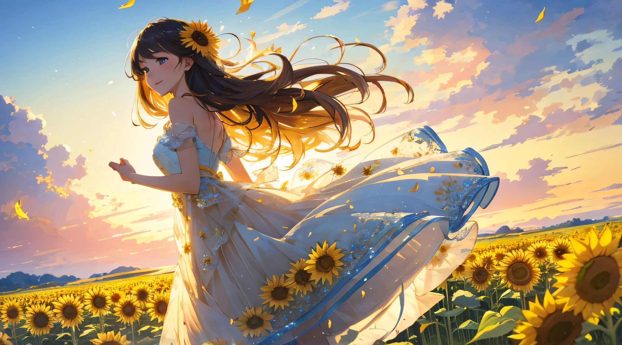 (best quality,4k,8k,highres,masterpiece:1.2), ultra-detailed, realistic:1.37, HDR, UHD, studio lighting, ultra-fine painting, sharp focus, physically-based rendering, extreme detail description, professional, vivid colors, bokeh, portraits, landscape, anime, photography, concept artists, yellow tint, soft lighting, dreamlike, vibrant colors, delicate brushwork, floating petals, ethereal atmosphere, whimsical, sunflower petals swirling, magical girl, graceful pose, epic composition, intricate linework, flowing hair, radiant smile, sparkling eyes, delicate petals, fluttering dress, tranquil background, sunflower field, serene ambiance, gentle breeze, warm sunlight, artistic interpretation