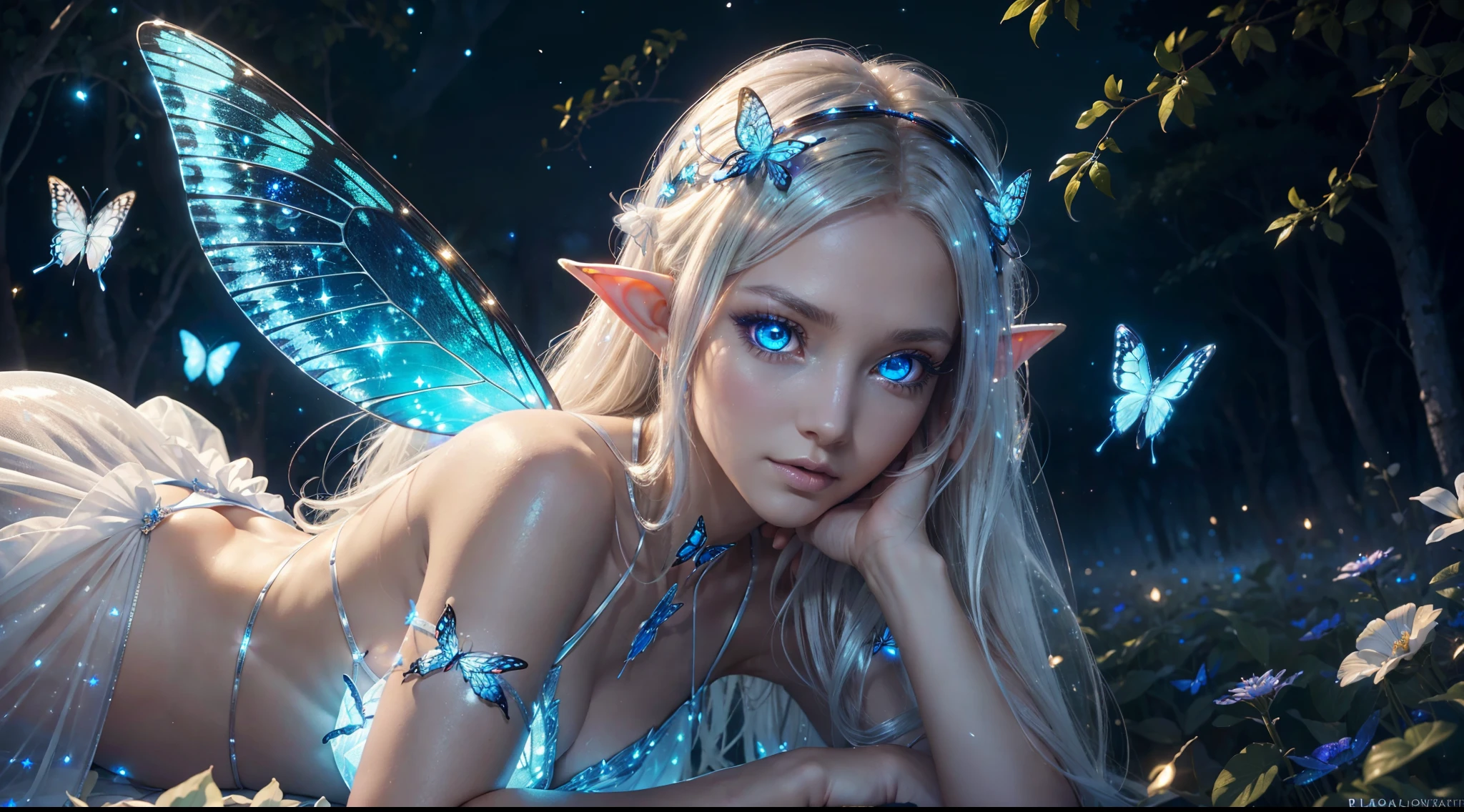 (best quality, highres, ultra-detailed), (best quality, ultra-detailed, realistic:1.37), 8k, golden ratio, oil painting, beautiful detailed eyes, beautiful detailed lips, long eyelashes, fair skin, 2 huge butterfly-wings, fairies, (fireflies), nighttime, moonlight, oak forest, platinum blonde hair, cute faces, laughing, ((glowing blue eyes)). detailed elf ears, full body, white glowing aura, flowing see through silk skirt, holographic see through silver bikini, butterfly antennae on top on the head with blue lights on the tips,