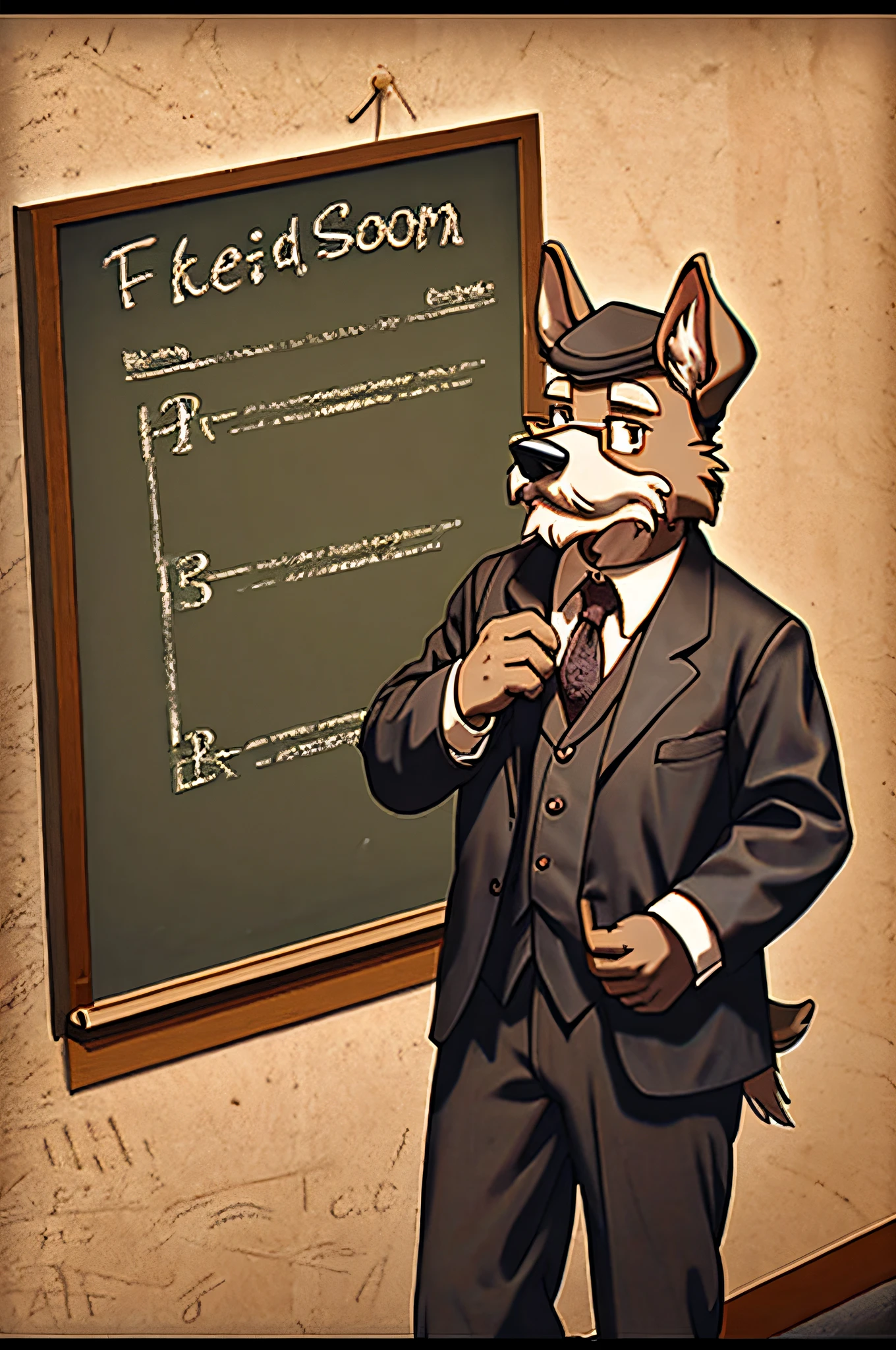 Old professor using blackboard to explain mathematical formulas、Old dog schnauzer、Classroom、Vintage Sepia Photography