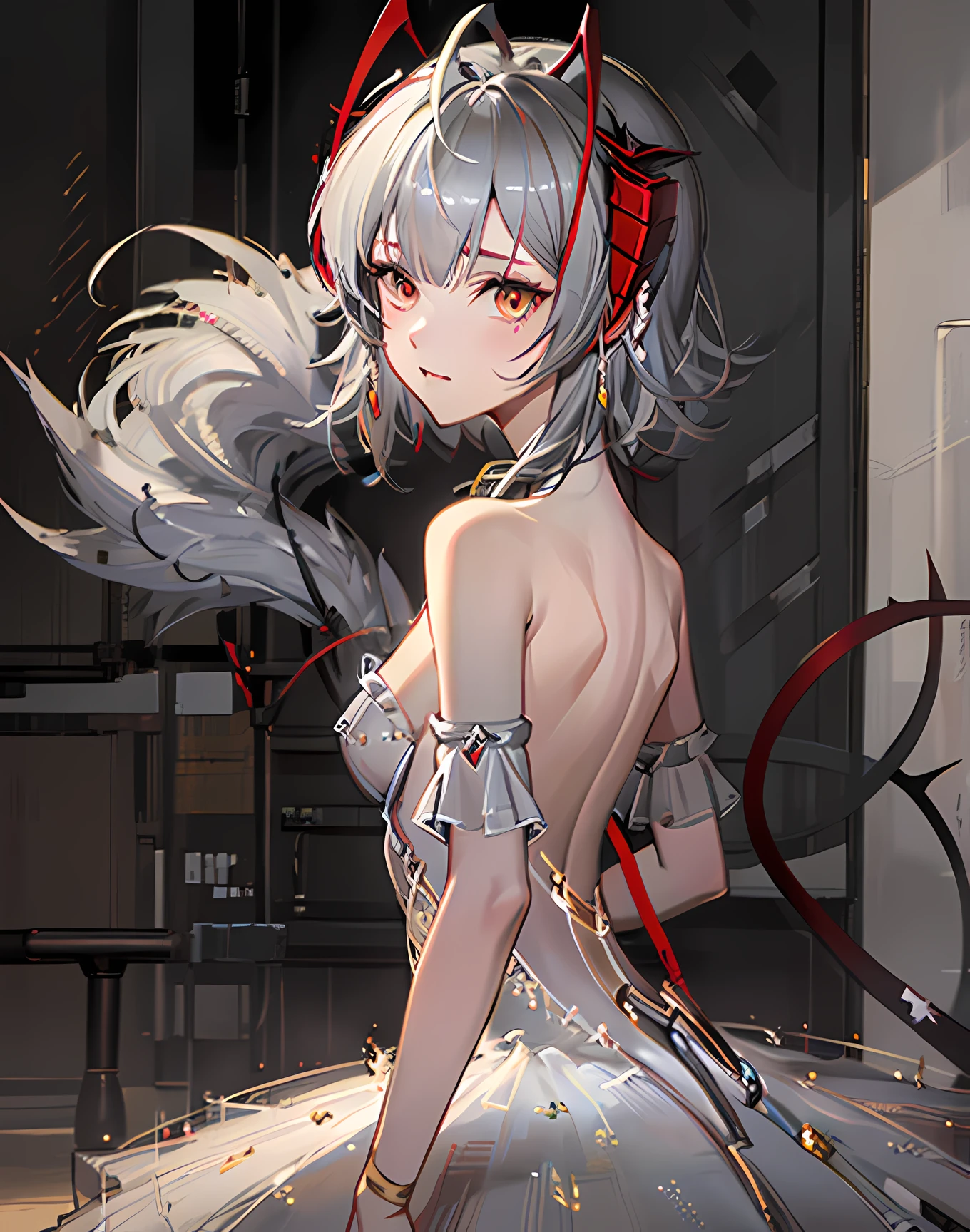 (masterpiece:1.2),(best quality,highres), meticulous shading and highlights, sadistic face, wballetdress, upperbody, (arm behind back)