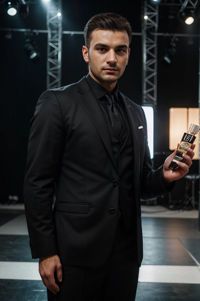(best quality, ultra-detailed), Bosnian man standing in front of stage full of lights, holding perfume, in black suit, with black hair. [Detailed facial features], [sharp focus], [vivid colors]. (Realistic:1.37), [professional] [studio lighting], [physically-based rendering].