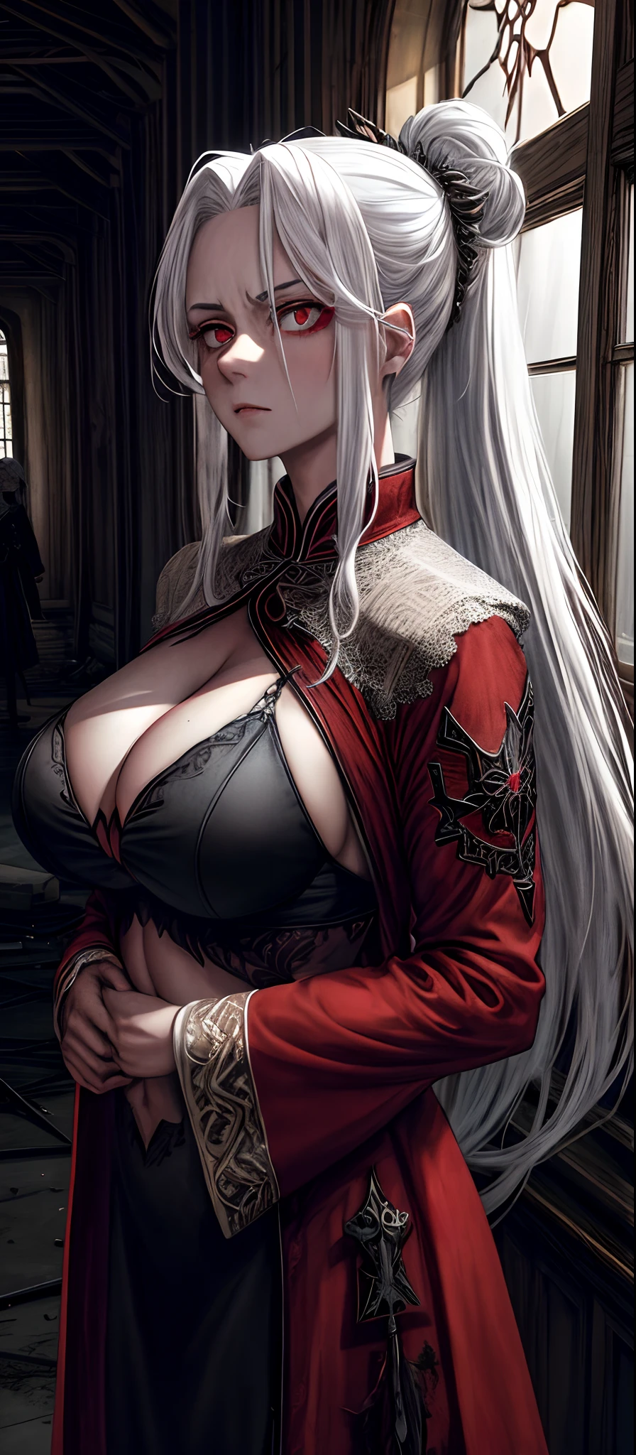 1female, White hair, Red eyes, (woman,Royal Sister_Shot:1.2), breasts focus, Long hair, side locks,Dangerous expressions,Extreme panic,Chest close-up front,After being violated ,Scared,(terrified:1.1) expression, Place one hand behind your back, Atmospheric lighting, Moody, Darkness, In an abandoned old museum, Clear glass display case full of interesting items, Dusty, Post-apocalypse, spiderwebs, masterful, Beautiful 8k wallpaper,Camel hooves ,Extremely detailed, Intricate,a warm color palette,Half naked chest,huge tit(D),plethora of colors,bright sun,Wear a gorgeous coat,Wear a cheongsam inside,Broken clothes,With a queen-like temperament,succubi,Beautiful young woman,Expose the belly