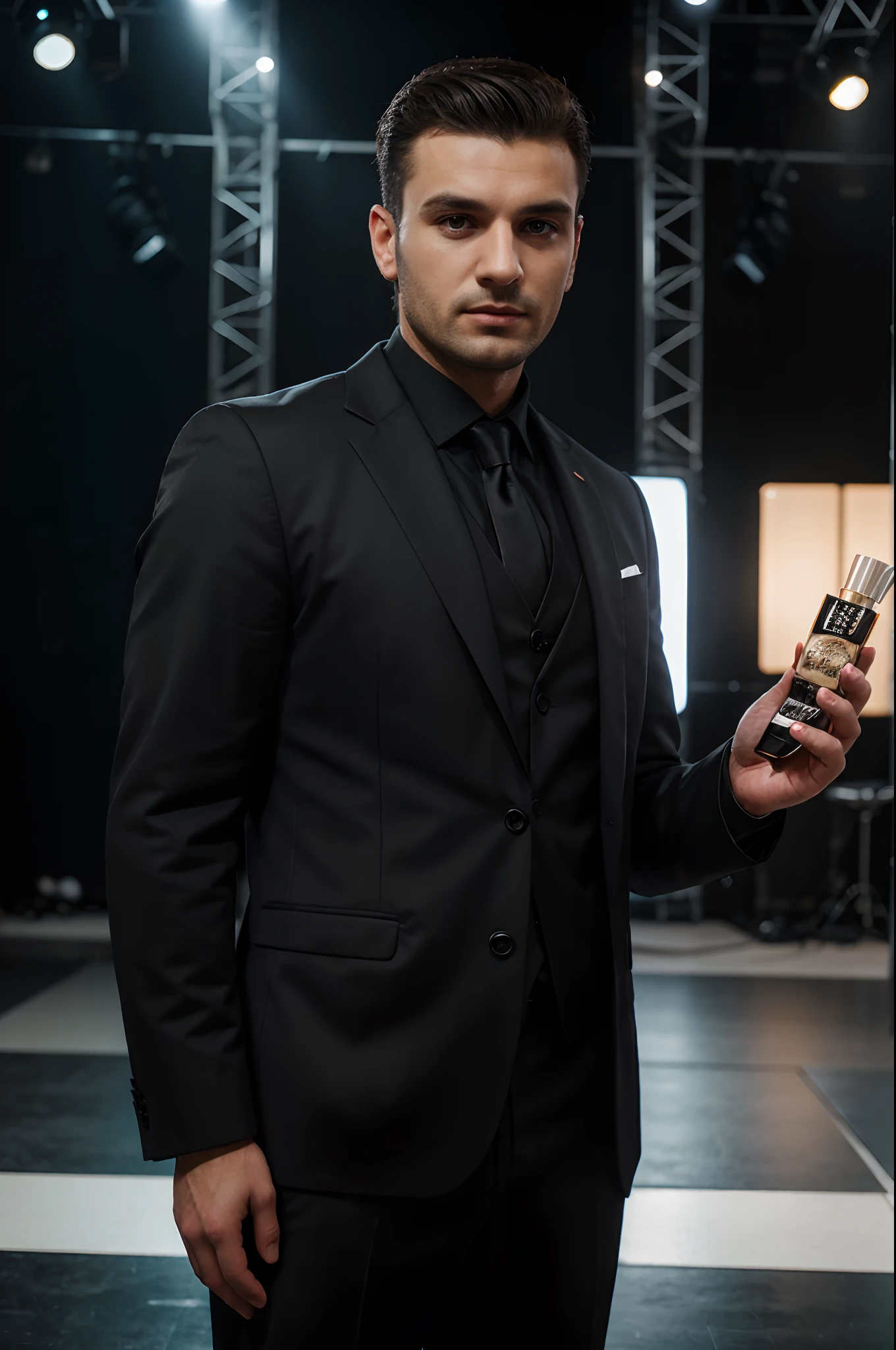 (best quality, ultra-detailed), Bosnian man standing in front of stage full of lights, holding perfume, in black suit, with black hair. [Detailed facial features], [sharp focus], [vivid colors]. (Realistic:1.37), [professional] [studio lighting], [physically-based rendering].