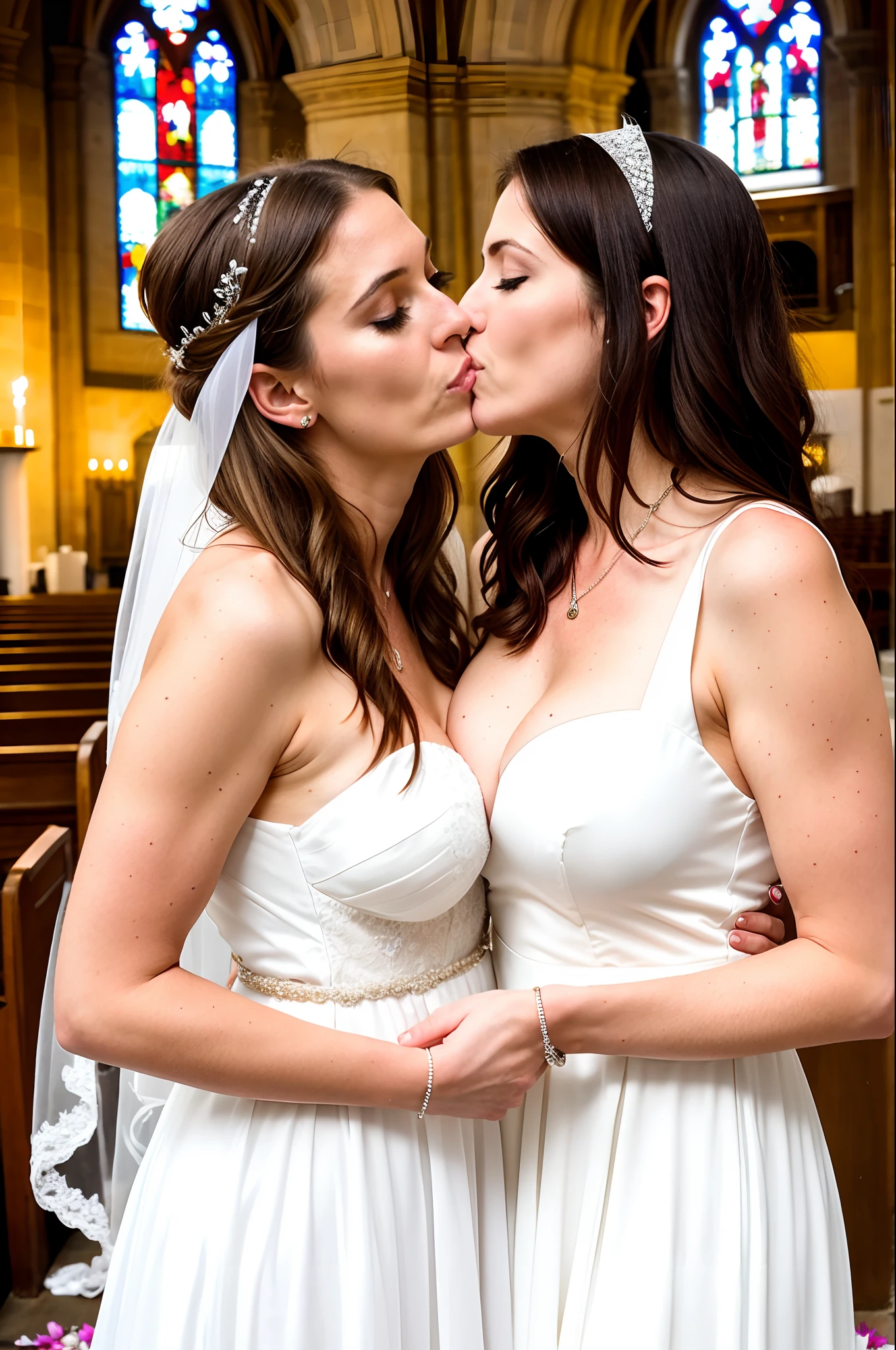 Two 35 year old MILF German women with long blonde hair getting married and kissing. Both are wearing a long white dresses and are in a church. Close up