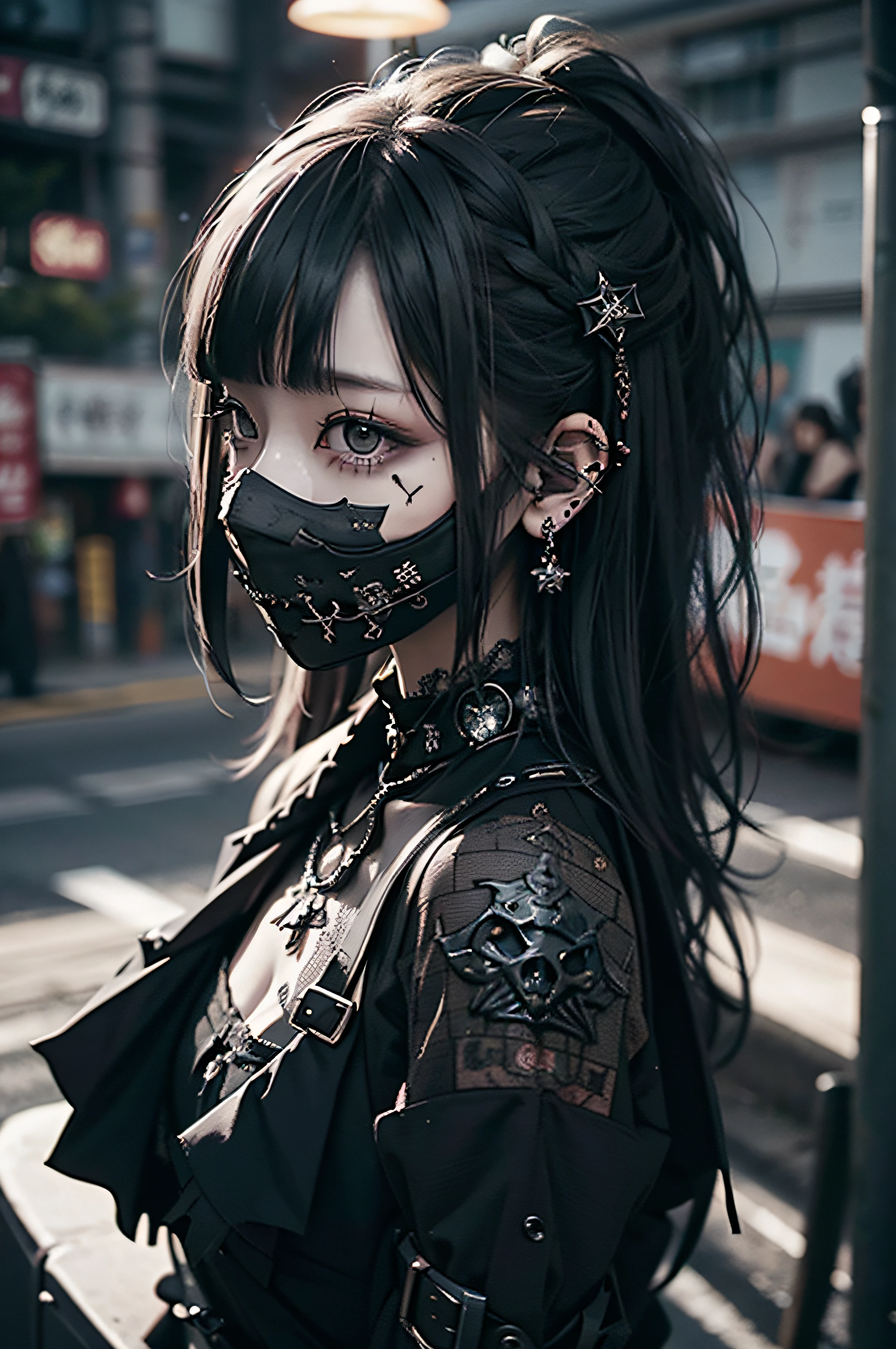 Vampire costume、(((A dark-haired))),goth_punk, 1girl in, 独奏, medium shot, Walking in Harajuku, ((during night)), bokeh dof, Neon light, Iridescent eyes, starrysky, White shiny hair, White eyebrows, Radiant hair, (iridescent white hair), 耳Nipple Ring, bangss, jewely, masks, bluntbangs, verd s eyes, Mouth mask, blurry backround, bblurry, hair adornments, Look at viewers, shorth hair, portraitures, side locks