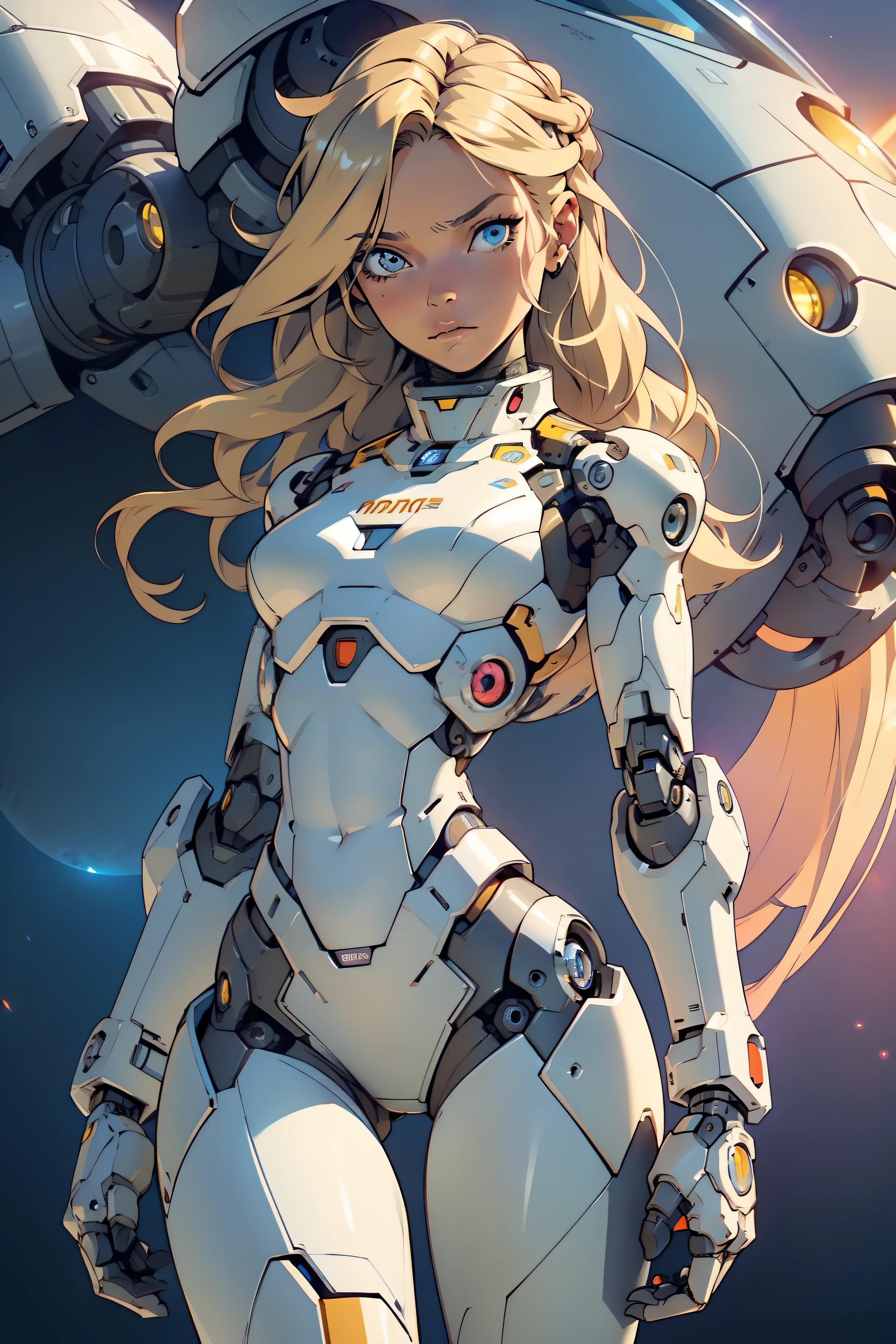 high quality, 4k, masterpiece, beautiful, cyborg girl, cowboy shot, dull eyes, looking at viewer, long blonde hair, girl, small breasts, fit thigh, robotic arms, robotic body, cyborg body, intricate detail, joint, detailed lines, robotic detail, holding fist up, holding hand up as fist, color robotic parts, robotic parts with color, perfect fingers, on a strange planet, sunny background, bright background,