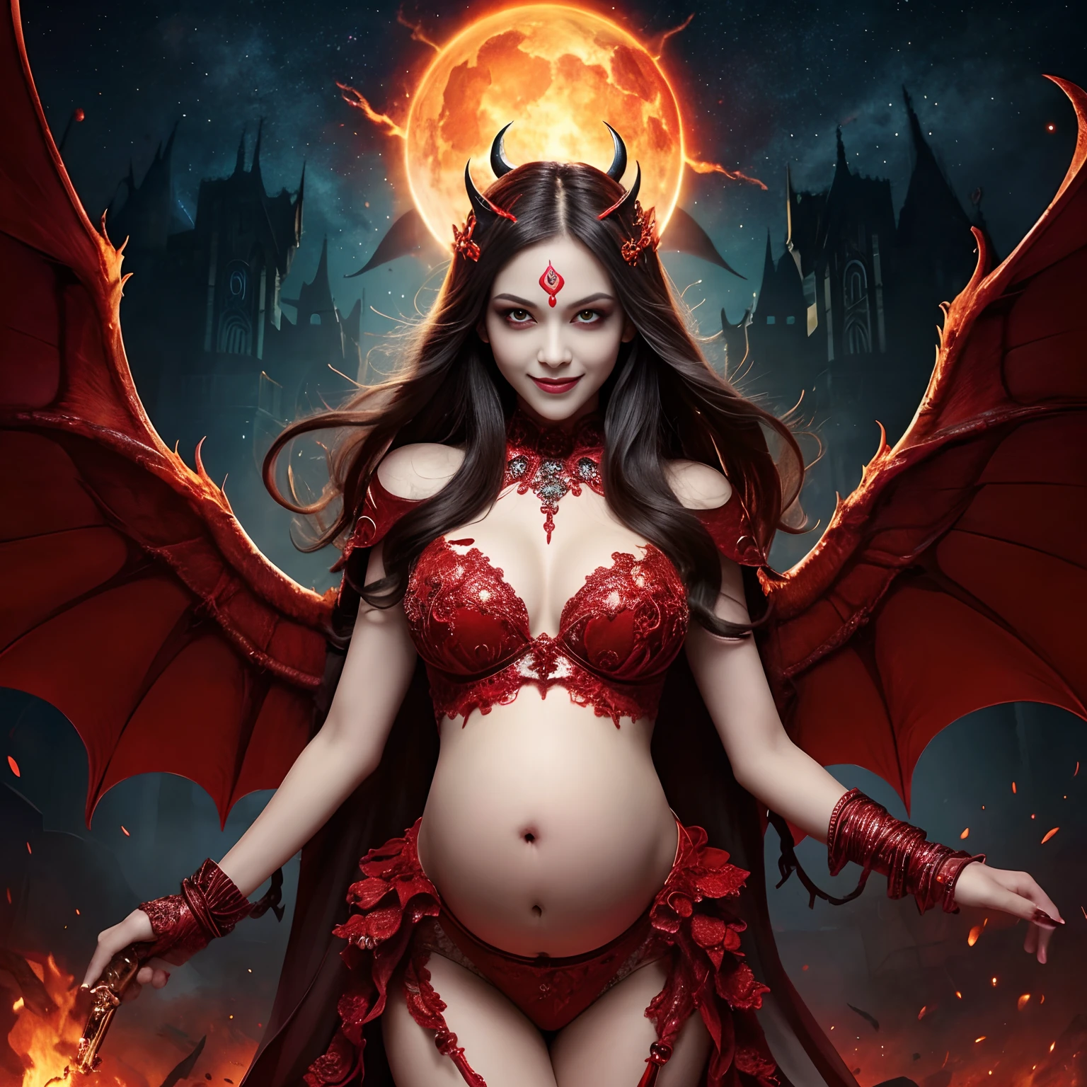 A very terrifying demon queen,The biggest smile looking at the camera,pregnant,The prettiest and most beautiful face,The most luxurious and intricate dresses(red eyes,Eyes that glow like lava,Glowing red eyes)),Chest that seems to burst,Giant wings of the devil,a lot of blood on the face,,The background is the perfect Devil's Castle look,Masterpiece,8K,very intricate,ultra-detailliert