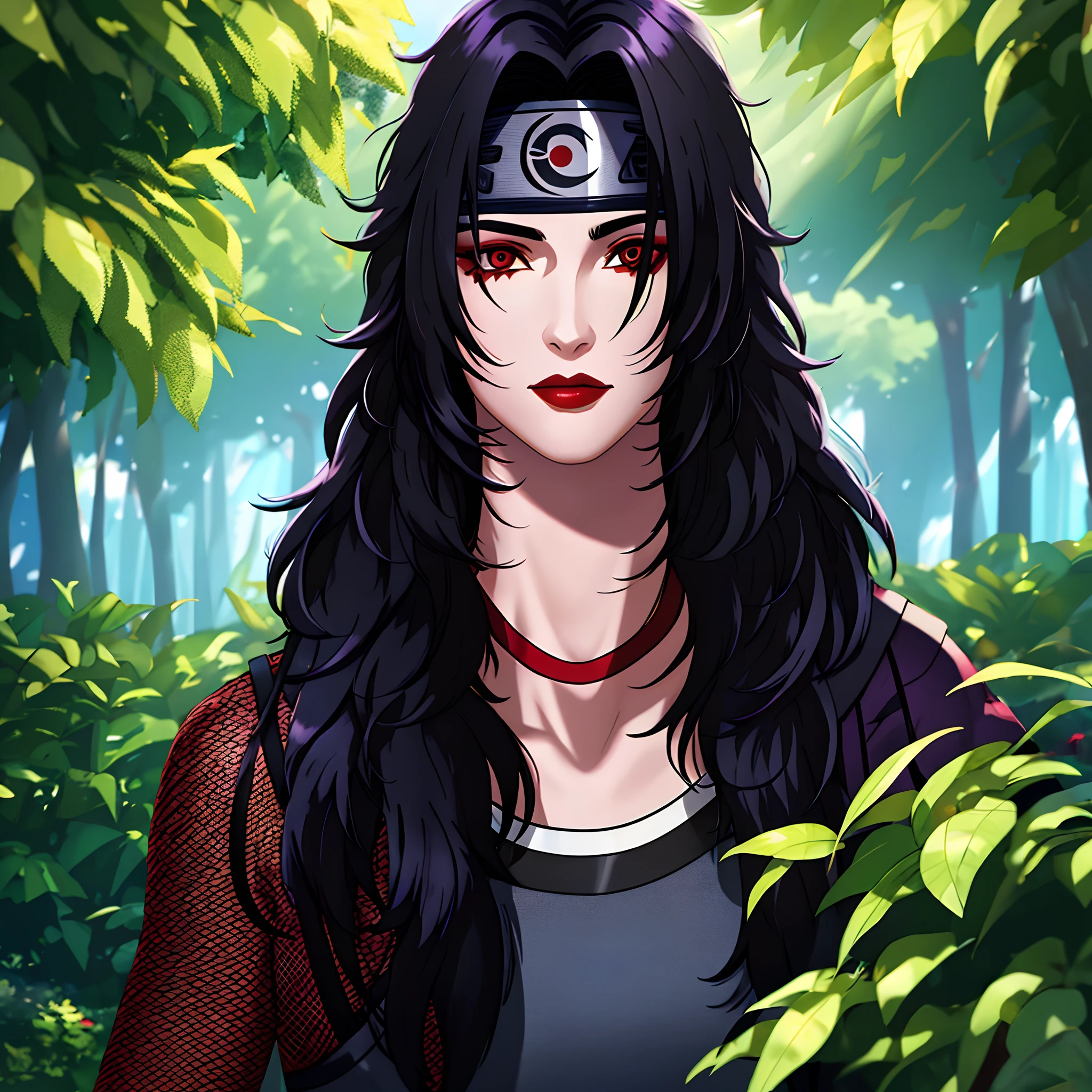 red eyes, black hair, long hair, red lipstick, purple eye shadow, bandages, fishnets, headband, BREAK, in prison, (hiding in bush:1.15), masterpiece, best quality, extremely detailed, highly quality, 4k, sharp focus, professional, sharp focus, award winning, cinematic lighting, octane render, unreal engine, volumetrics dtx, Wallpaper,