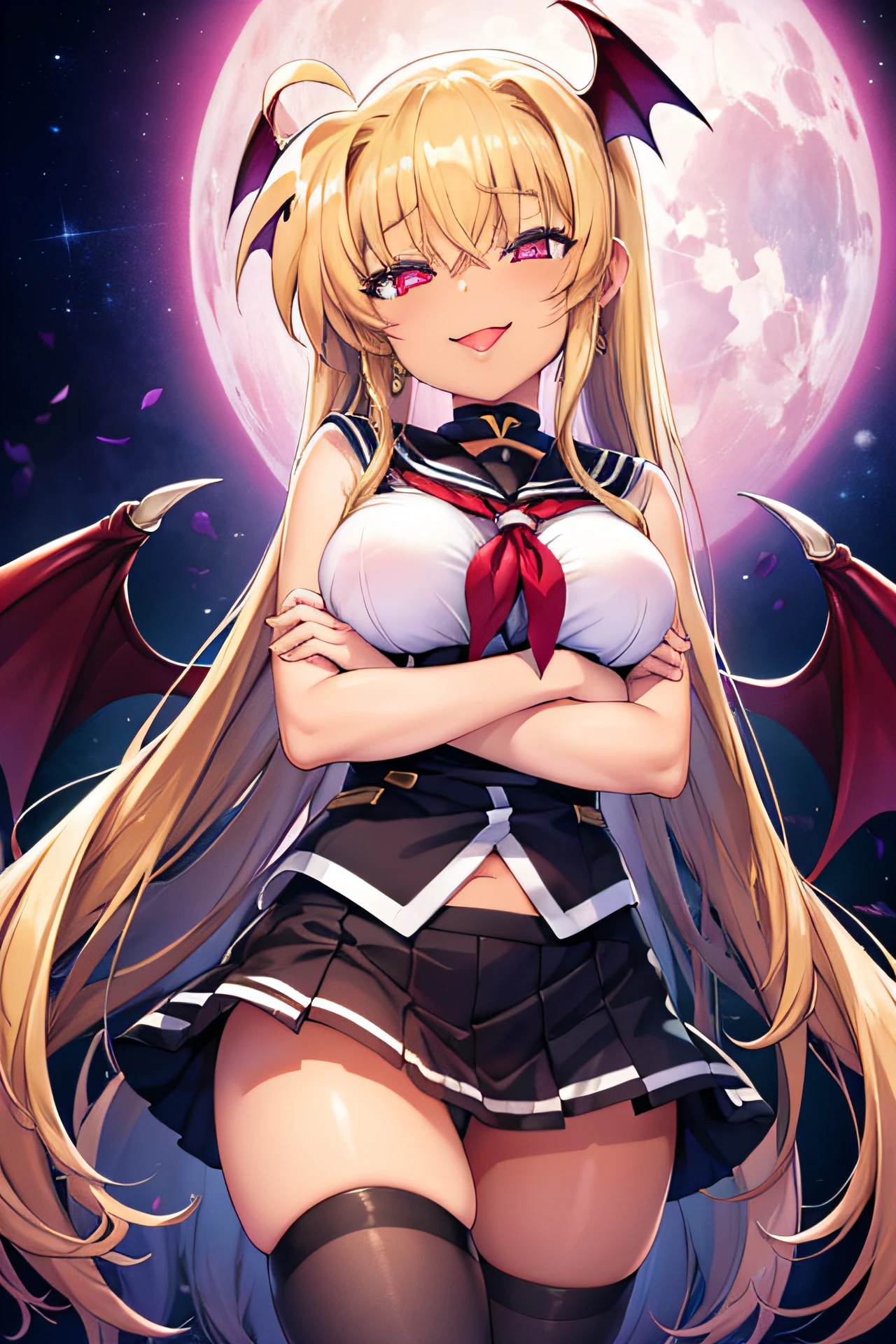 (mahou_shoujo_lyrical_nanoha:1.1), (Front Focus),(In the Dark:1.6), (Masterpiece, of the highest quality, best, Official art, Beautiful and aesthetic:1.2), game cg, Highly detailed and realistic CG, Colorful, Best Quality, jewel-like eyes, 1girl, child, , petite, 8 yelo, blonde hair, very long hair, straight hair, black sailor uniform, black mini skirt, layered skirts, glowing eyes, star-shaped pupils, smug, smirk, open mouth, black tights, skinny legs, jig eyes, large breasts, (white covered breast:1.5), ruby red eyes, contrapposto, crossed arms, slender, (black skin:1.0), (dark skin:1.5), little succubus wings, long succubus tail, from POV, cute ribbon, tongue, wink, closed one eye,