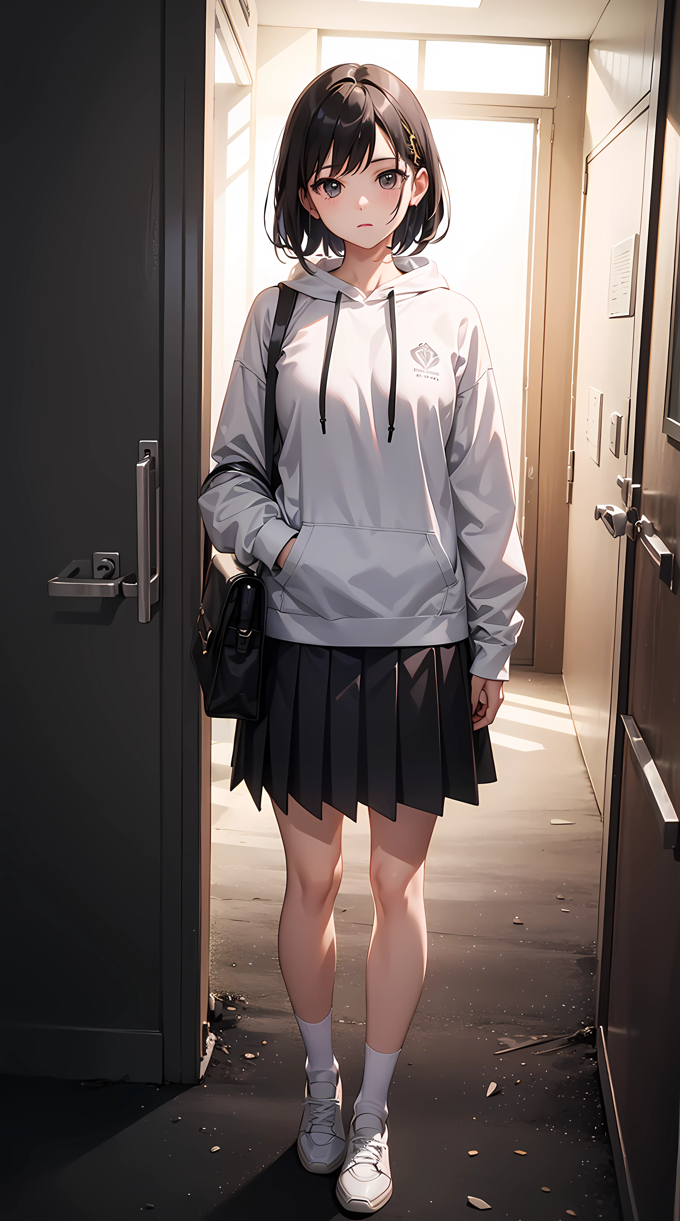 (masterpiece:1.0),(best_quality:1.0), ultra high res,ultra-detailed, professional artwork, Intricate Details, sharp focus, extremely detailed painting, photorealistic lighting, trending on pixiv, Standing at attention, looking at viewer, official art,extremely detailed CG unity 8k wallpaper, 1girl, solo, a character with short black hair, wearing a white hoodie, black pleated skirt, high-leg white socks, and white shoes, cowboy shot