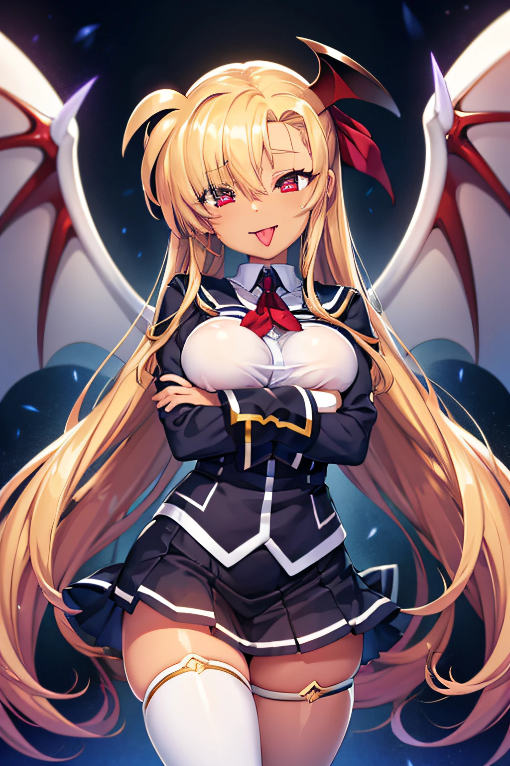 (Mahou_Girl_Lyrical_Nanoha:1.1), (Front Focus),(In the Dark:1.6), (masterpiece, Highest品質, Highest, Official Art, beautifully、aesthetic:1.2), Game CG, Extremely detailed and realistic CG, colorful, Highest品質, Jewel-like eyes, One girl, , , , 8-year-old, alone, Blonde Hair, Very long hair, Straight hair, Black Sailor Suit, Black mini skirt, Layered Skirt, Glowing Eyes, Star-shaped pupils, Conceit, Grin, Open your mouth, black tights, thin脚, Jig eyes, Big Breasts, (white covered chest:1.5), Ruby Red Eyes, Contrasting, Arms crossed, thin, (Dark Skin:1.0), (Dark Skin:1.5), little succubus wings, long succubus tail, From a viewpoint, Cute ribbon, tongue,