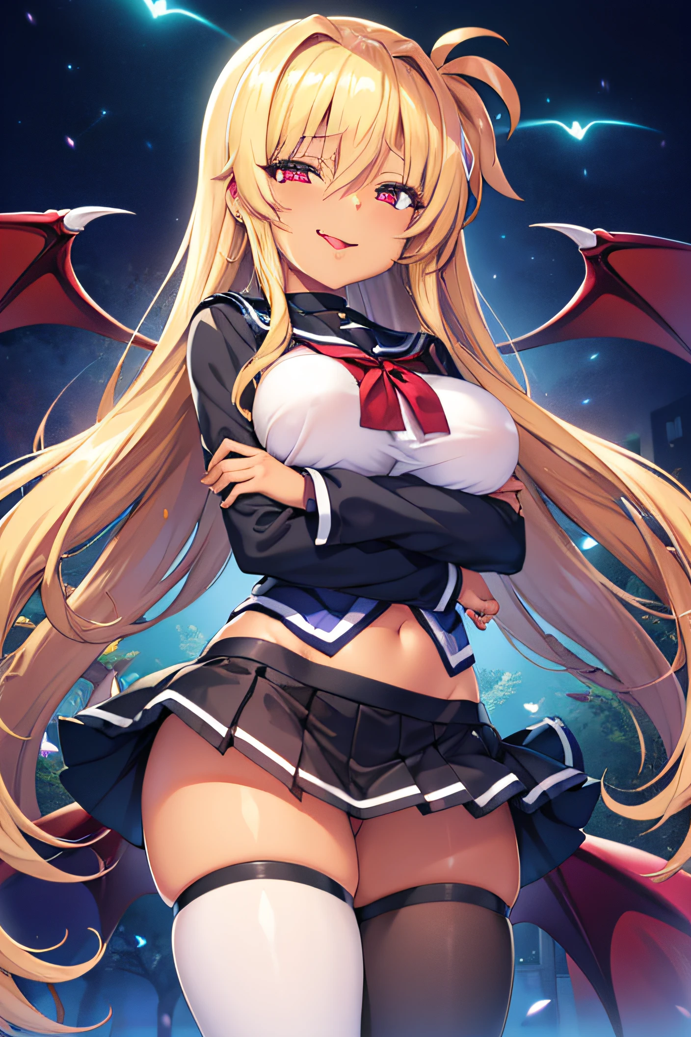 (mahou_shoujo_lyrical_nanoha:1.1), (Front Focus),(In the Dark:1.6), (Masterpiece, of the highest quality, best, Official art, Beautiful and aesthetic:1.2), game cg, Highly detailed and realistic CG, Colorful, Best Quality, jewel-like eyes, 1girl, , loli,etite,years old,onde hair, very long hair, straight hair, black sailor uniform, black mini skirt, layered skirts, glowing eyes, star-shaped pupils, smug, smirk, open mouth, black tights, skinny legs, jig eyes, large breasts, (white covered breast:1.5), ruby red eyes, contrapposto, crossed arms, slender, (black skin:1.0), (dark skin:1.5), little succubus wings, long succubus tail, from POV, cute ribbon, tongue, wink, closed one eye,