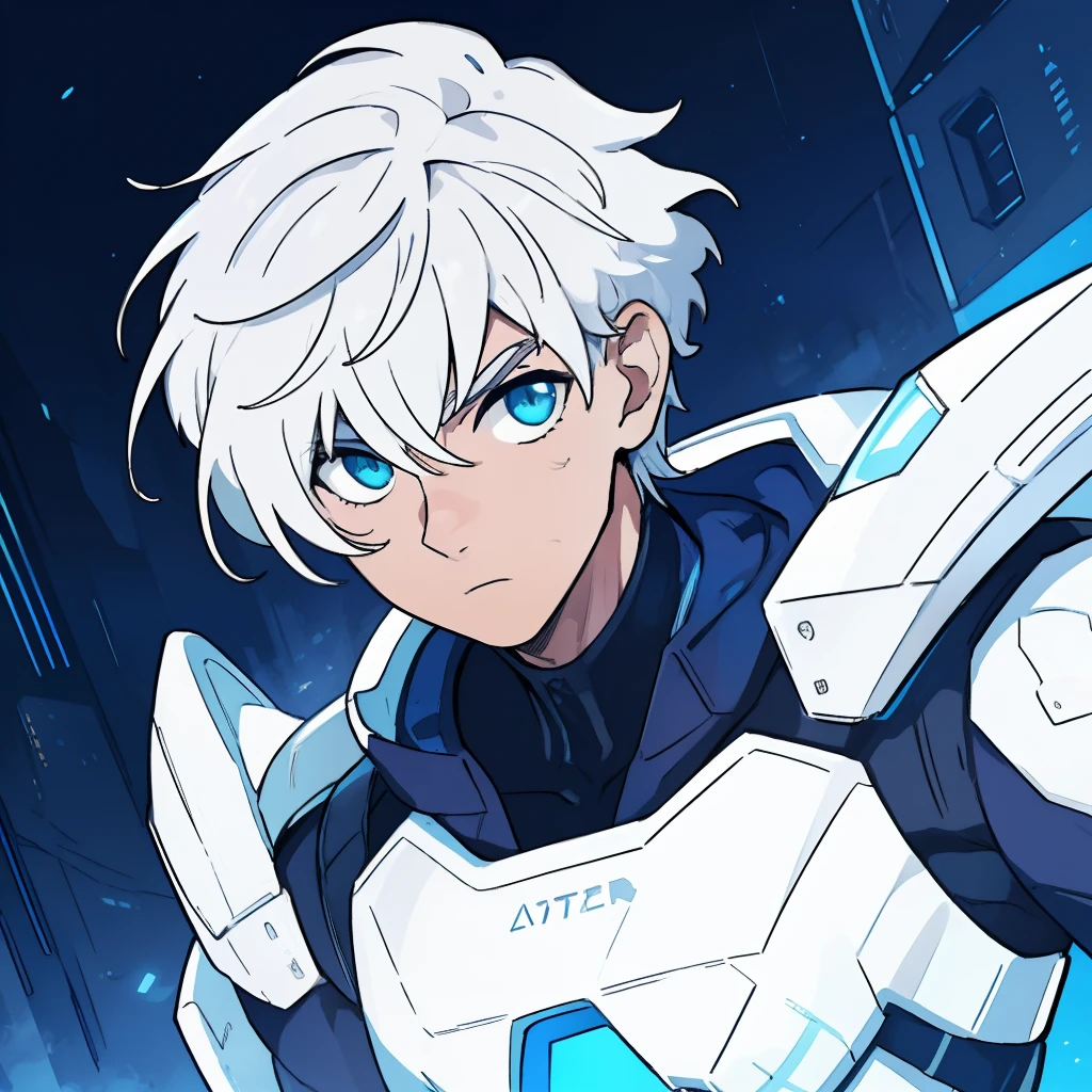 1boy,detailed portrait, realistic shading, intense gaze, short hair, white hair, dynamic pose, vibrant colors, traditional style, strong and confident expression, futuristic clothes, futuristic atribut, focused eyes, no background setting, strong lighting contrast,normal potrait pose,thick line art