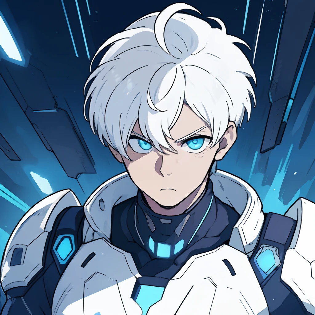 1boy,detailed portrait, realistic shading, intense gaze, short hair, white hair, dynamic pose, vibrant colors, traditional style, strong and confident expression, futuristic clothes, futuristic atribut, focused eyes, no background setting, strong lighting contrast,normal potrait pose,thick line art