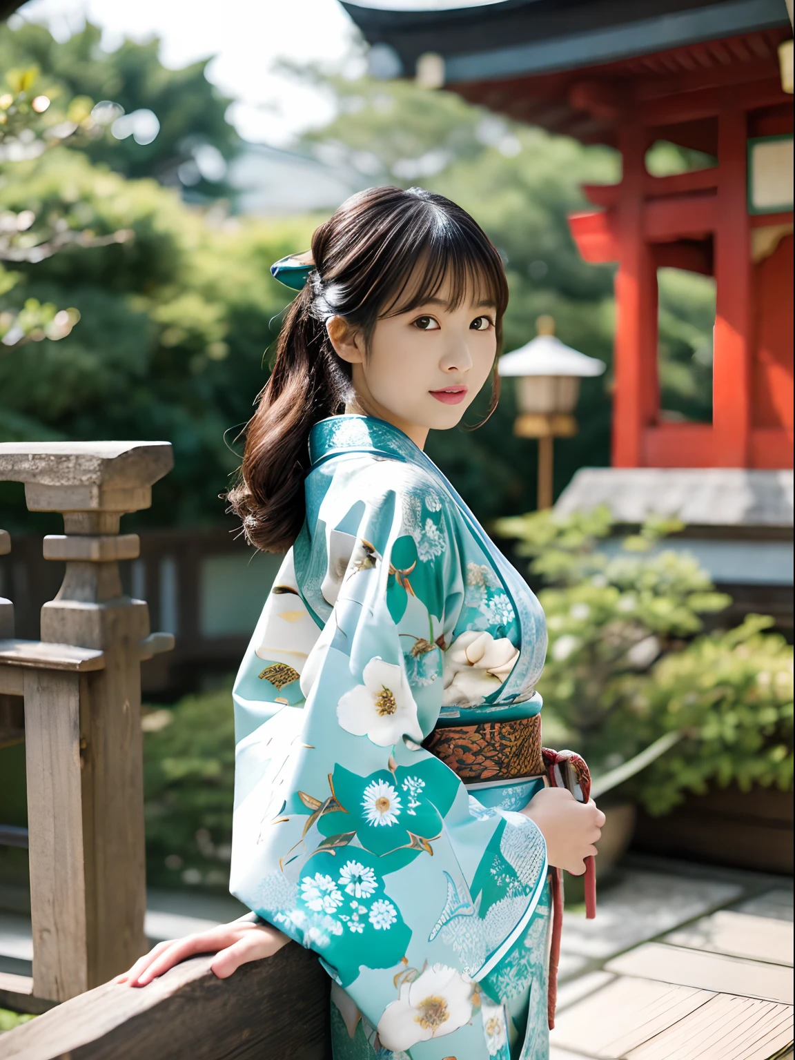 1girl in, Solo, From  above, (White lily flowers), Aesthetic, Convoluted, Best Quality, Detailed background, Sayaka Miki, ((Girl in patterned teal kimono:1.2)), (Walk through the Zen Garden),  Casual pose, Detailed textures, Posing, with floral pattern, Hair Flower, Hair Ornament, komono, Kimono, Obi, Outdoors, pagoda, flower petals, (Teal kimono), sash, shrines, skyporn, stone stairs, torii, Wide sleeves, Yukata