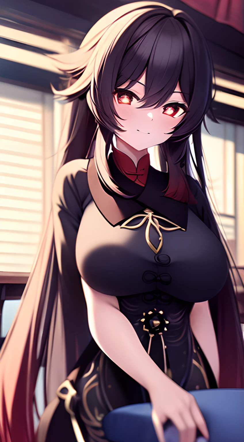 A girl with black hair and twintails hair sit on a chair inside restaurant with hand folded to her arm under her breasts, she named Hu Tao from genshin impact, has a cute face and expression, medium sized breasts, and moderate black chinese style outfit. Highest quality image, HD quality