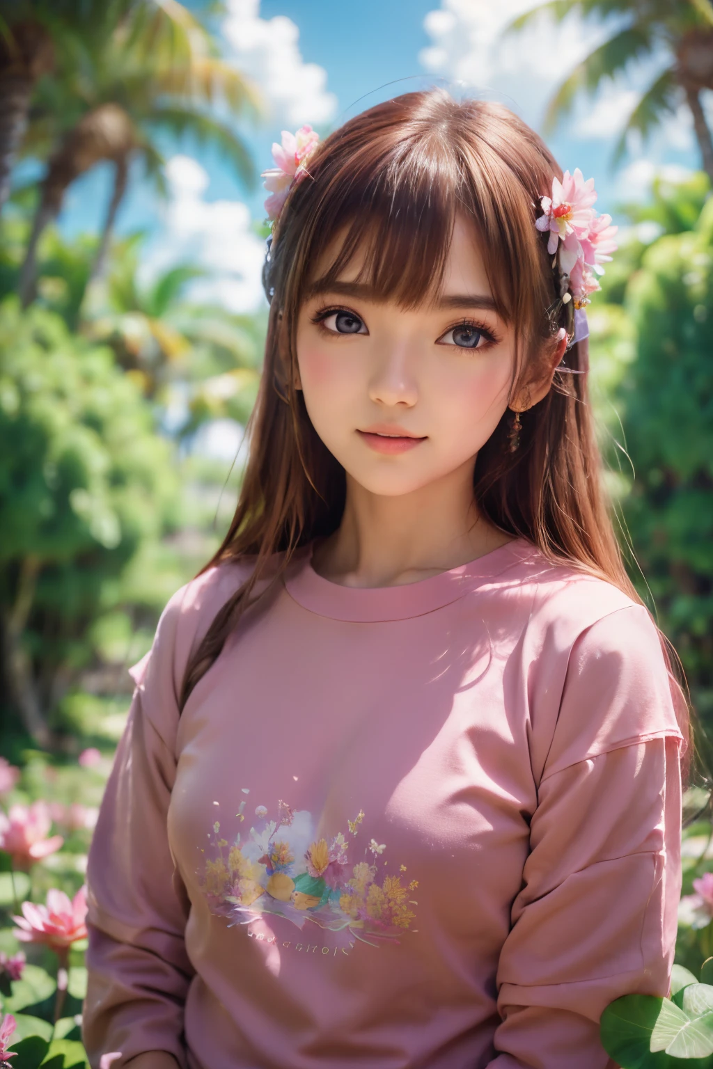 Samia, the girl, 独奏, shirt, Looking at you, face, Perfect, flower, High best quality,  radiation, knight, divine, red shirt, Red velvet, aqua, ocean,  lotus