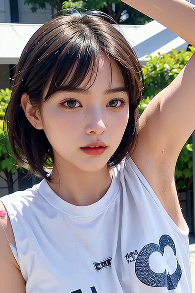 hyperrealistic illustrations、High resolution 8K、With highly detailed illustrations、A masterpiece characterized by beautiful detailed eyes。Perfect as wallpaper、Features a detailed face。The figure is drooping and sweating a little.、It is a short-haired Japan girl with a close-up of the upper body and the armpits。She is wearing a simple white tank top.、The inner color is the key。She is portrayed solo、The background is simple。pure、She has big。This work is a detailed depiction of a camel's toe。(best quality,4k,8k,highres,masterpiece:1.2), ultra-detailed,(realistic,photorealistic,photo-realistic:1.37)High-quality images。