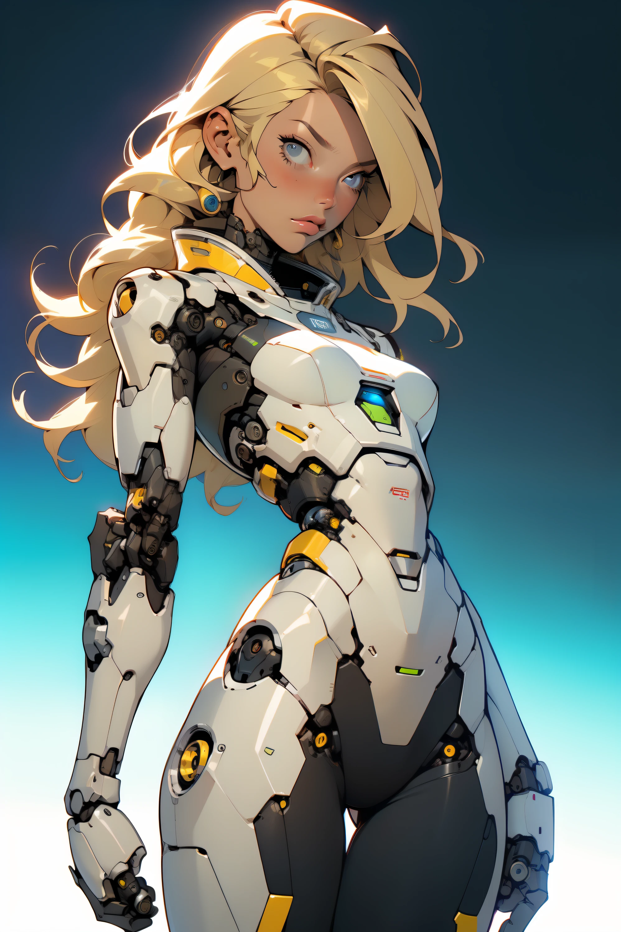 high quality, 4k, masterpiece, beautiful, cyborg girl, cowboy shot, dull eyes, looking at viewer, long blonde hair, girl, small breasts, fit thigh, robotic arms, robotic body, cyborg body, intricate detail, joint, detailed lines, robotic detail, holding fist up, holding hand up as fist, color robotic parts, robotic parts with color, perfect fingers, on an alien planet, sunny background, bright background,