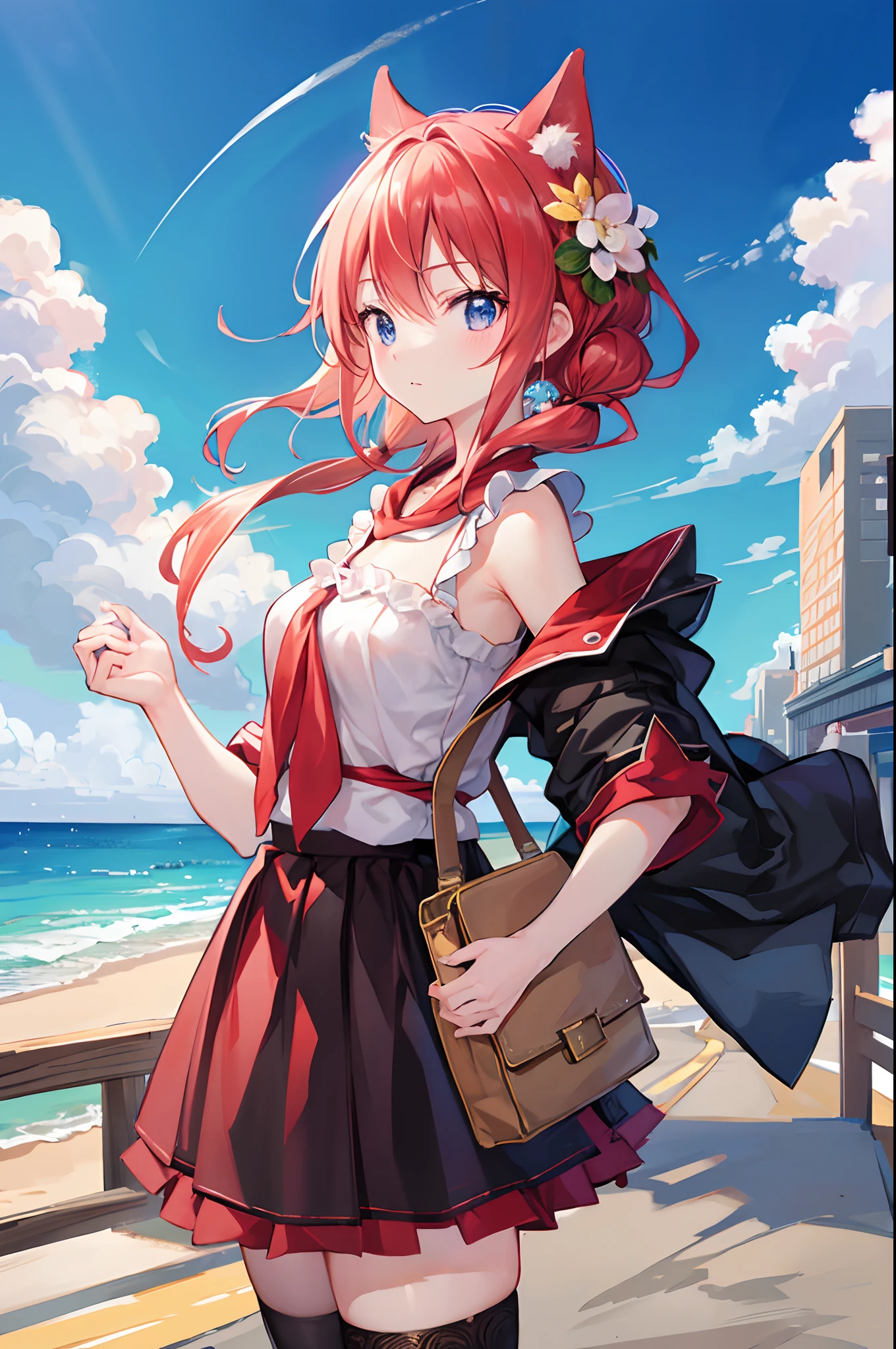 masterpiece, best quality, <lora:blueArchiveMikamo_mnV1:0.4>, red_eyes, mole_under_eye, cafe, highres, sky,