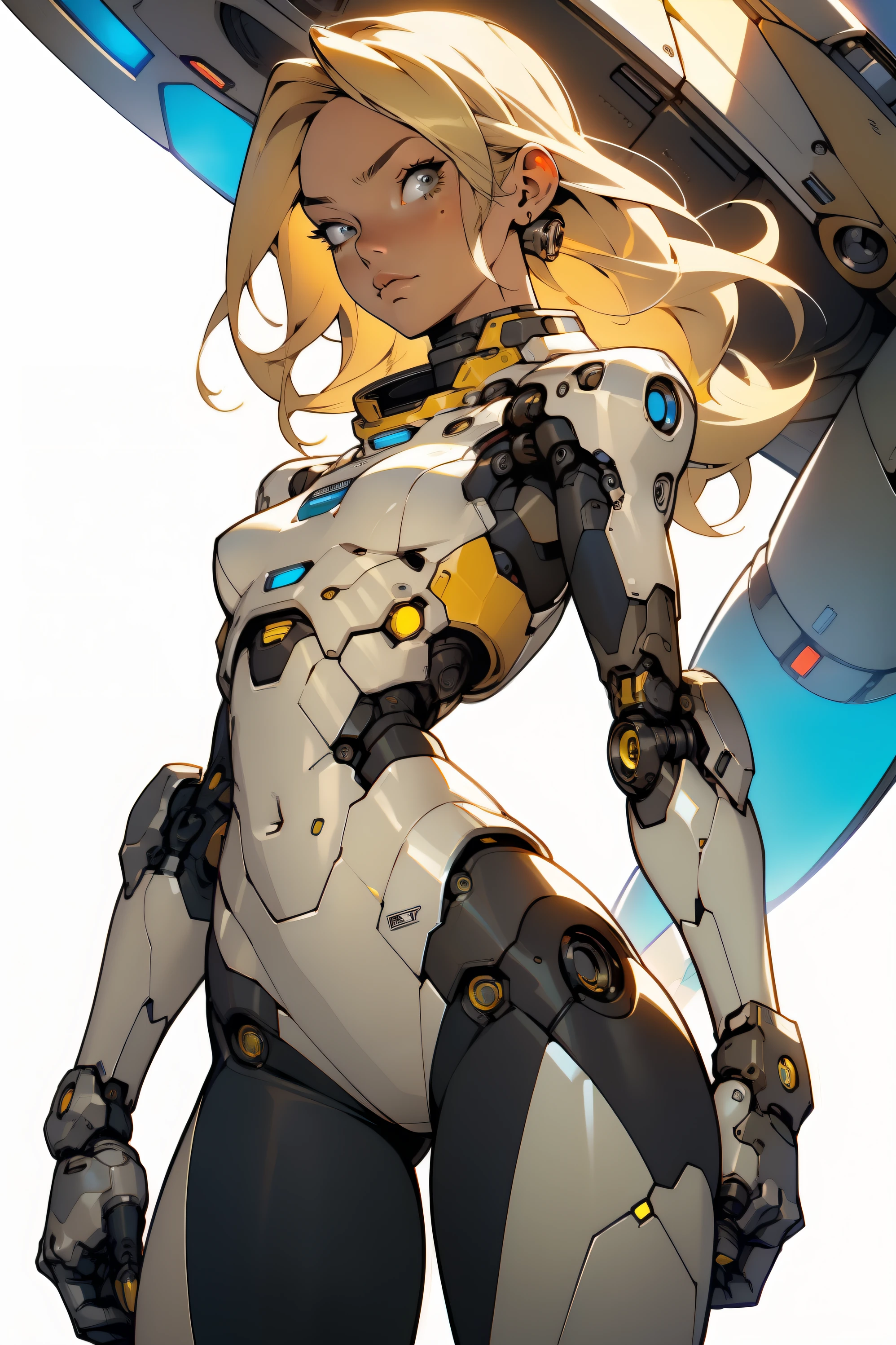 high quality, 4k, masterpiece, beautiful, cyborg girl, cowboy shot, dull eyes, looking at viewer, long blonde hair, girl, small breasts, fit thigh, robotic arms, robotic body, cyborg body, intricate detail, joint, detailed lines, robotic detail, holding fist up, holding hand up as fist, color robotic parts, robotic parts with color, perfect fingers, on an alien planet, sunny background, bright background,