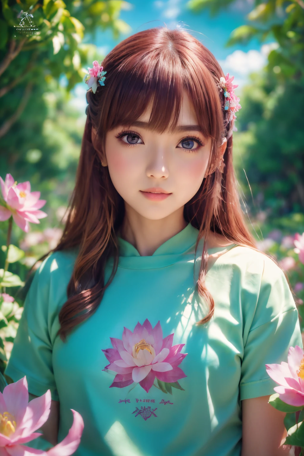 Samia, the girl, 独奏, shirt, Looking at you, face, Perfect, flower, High best quality,  radiation, knight, divine, red shirt, Red velvet, aqua, ocean,  lotus