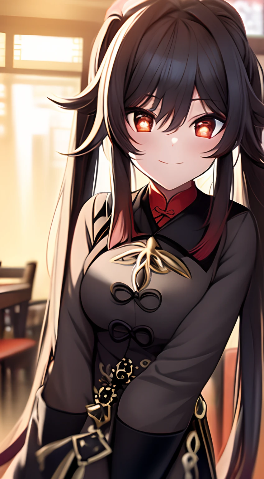 A girl with black hair and twintails hair sit on a chair inside restaurant with hand folded to her arm under her breasts, she named Hu Tao from genshin impact, has a cute face and expression, medium sized breasts, and moderate black chinese style outfit. Highest quality image, HD quality