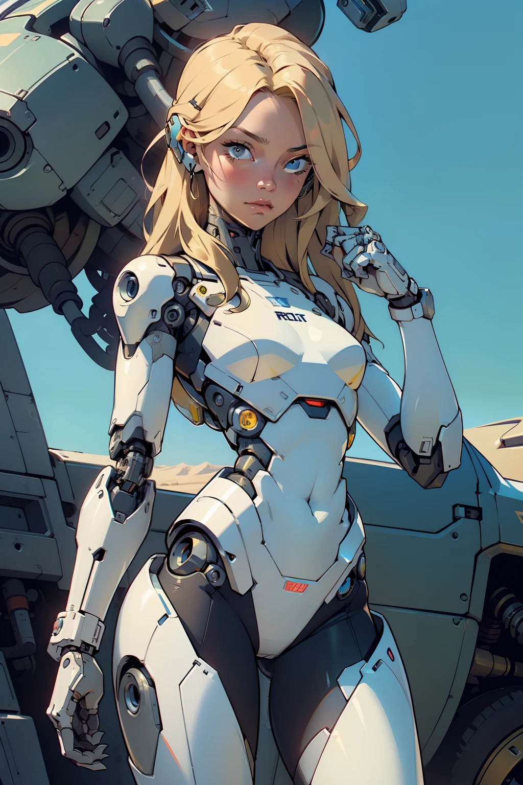 high quality, 4k, masterpiece, beautiful, cyborg girl, cowboy shot, dull eyes, looking at viewer, long blonde hair, girl, small breasts, fit thigh, robotic arms, robotic body, cyborg body, yellow accent, intricate detail, joint, detailed lines, robotic detail, holding fist up, holding hand up as fist, color robotic parts, robotic parts with color, perfect fingers, on a strange planet, sunny background, bright background,